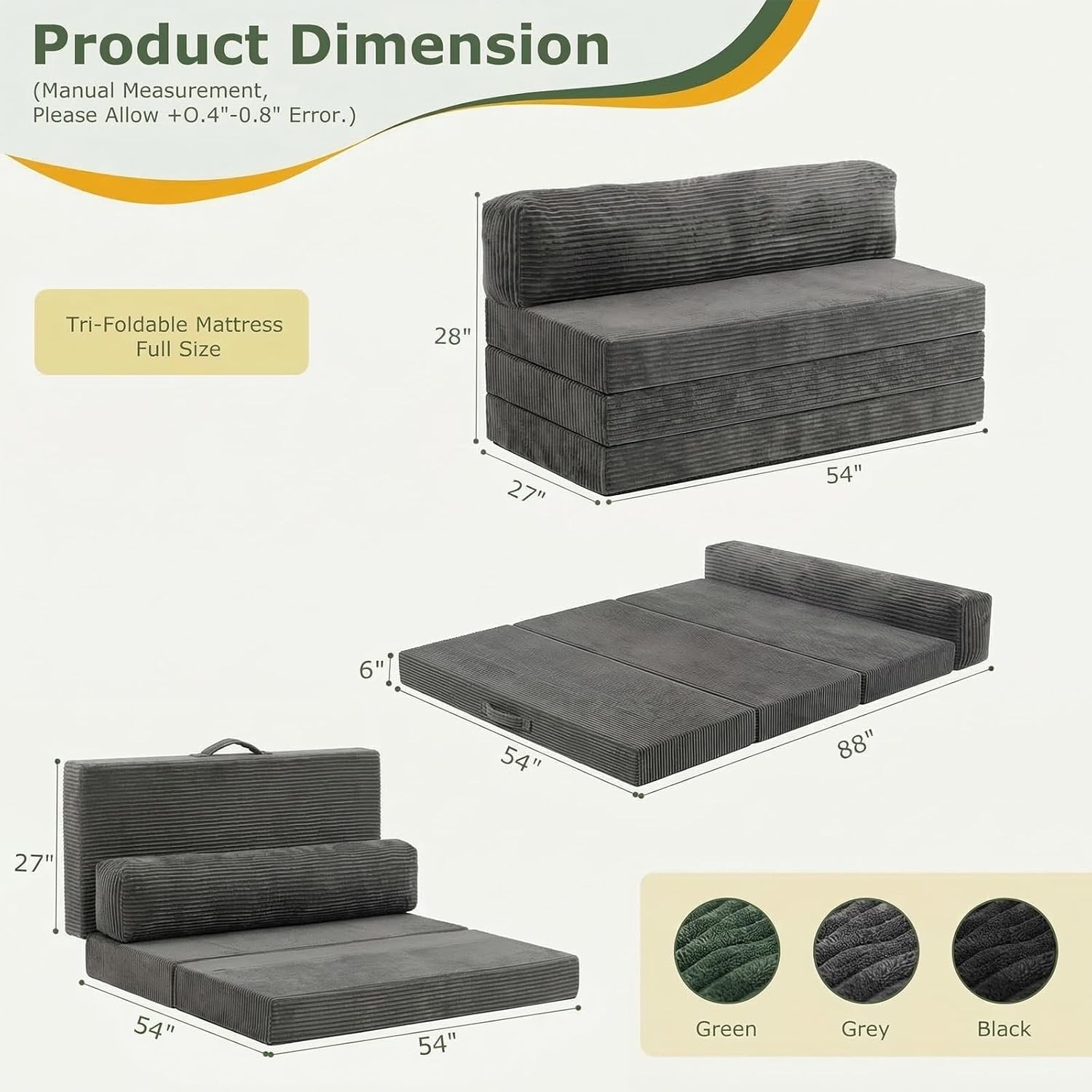 6 inch Tri-Folding Mattr Full Size, Convertible Sofa Bed Foldable