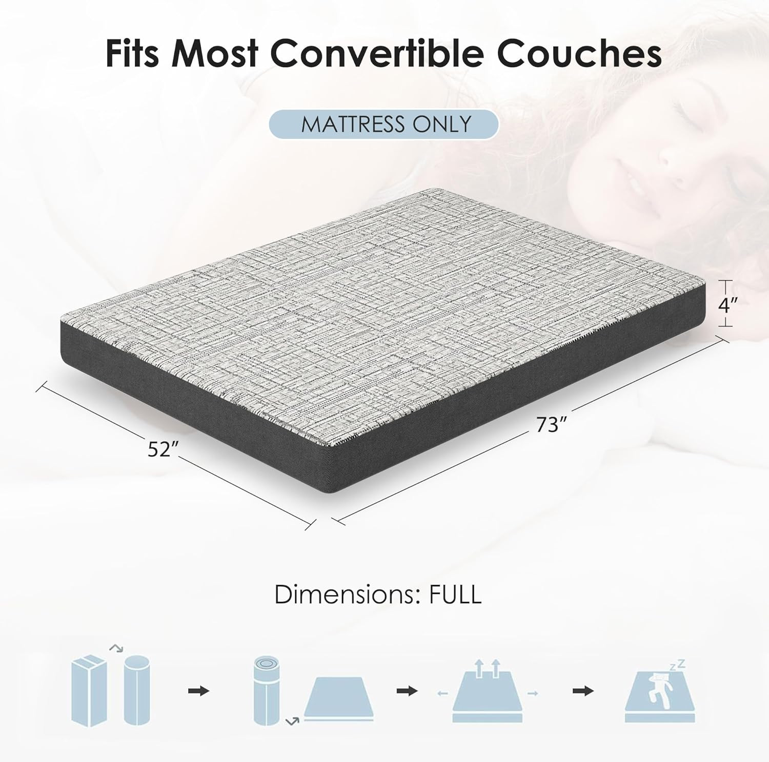 Full Size Sofa Bed Mattress 4 Inch, Memory Foam Mattress for Sleeper Sofas/Pull