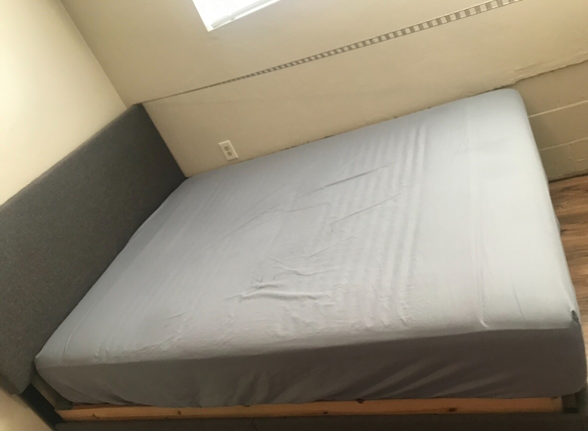 Queen bed frame, base, and mattress