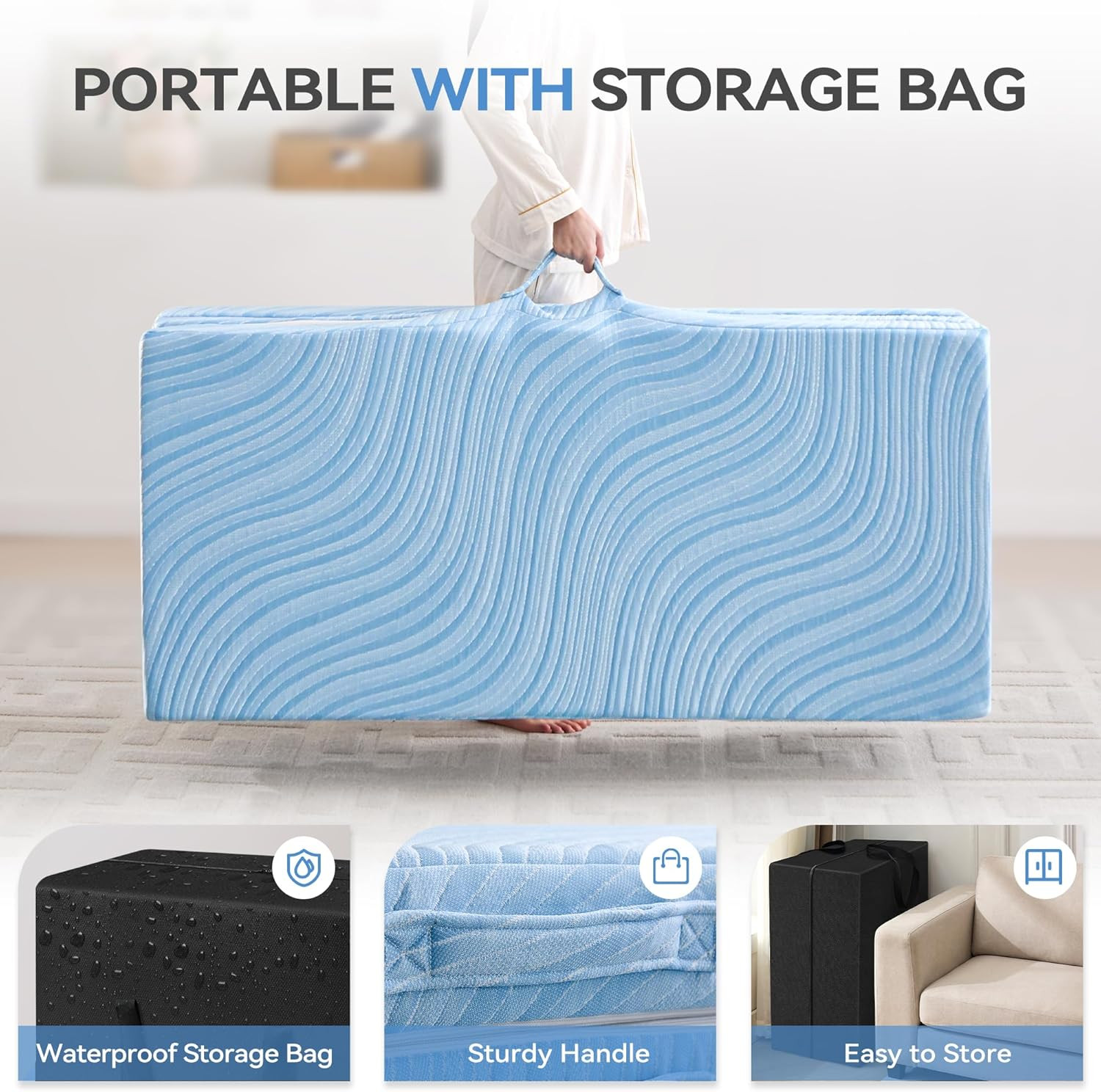 Foldable Trifold Tri Fold Portable Folding Mattress – 4 Inch Memory Foam & High