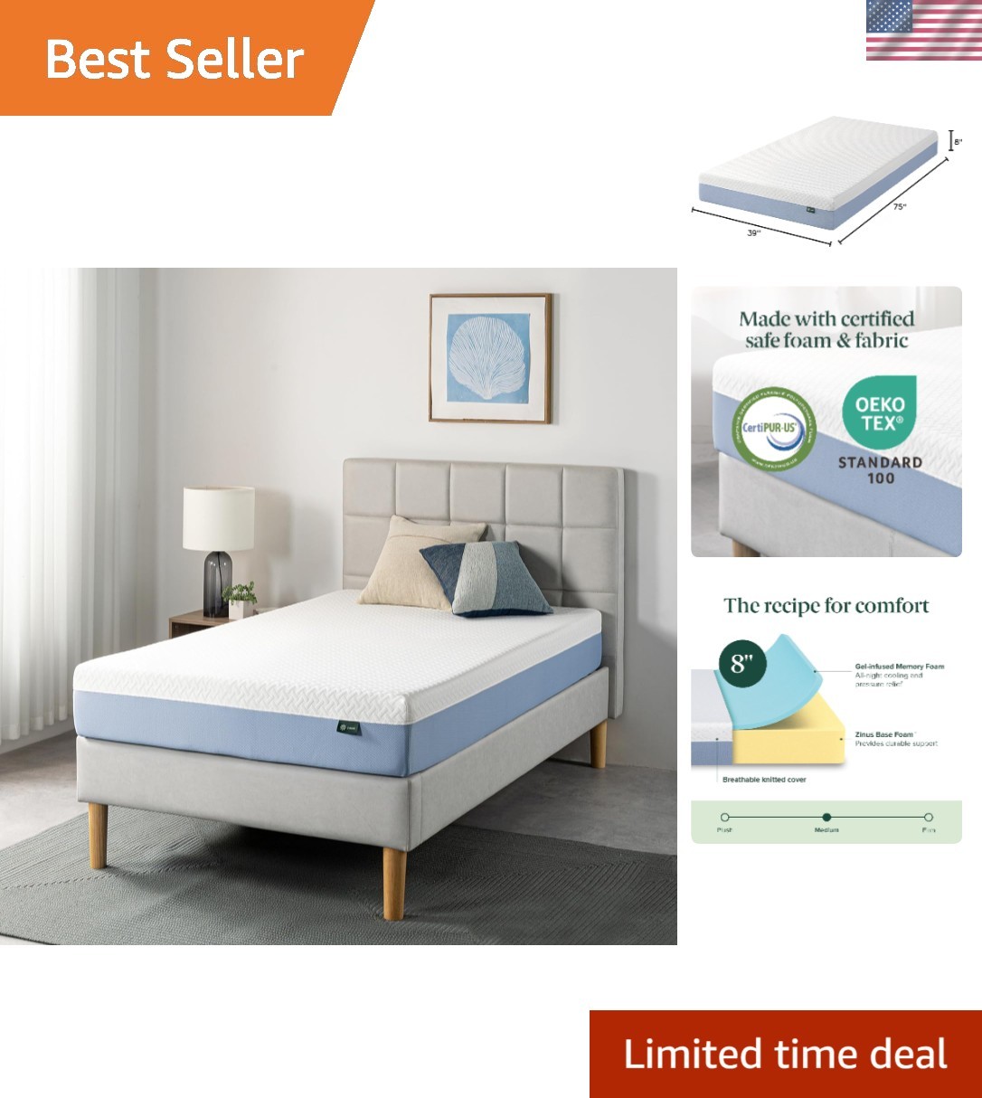 Memory Foam Mattress Twin Cooling Bed Breathable Pressure Relief Safe Materials