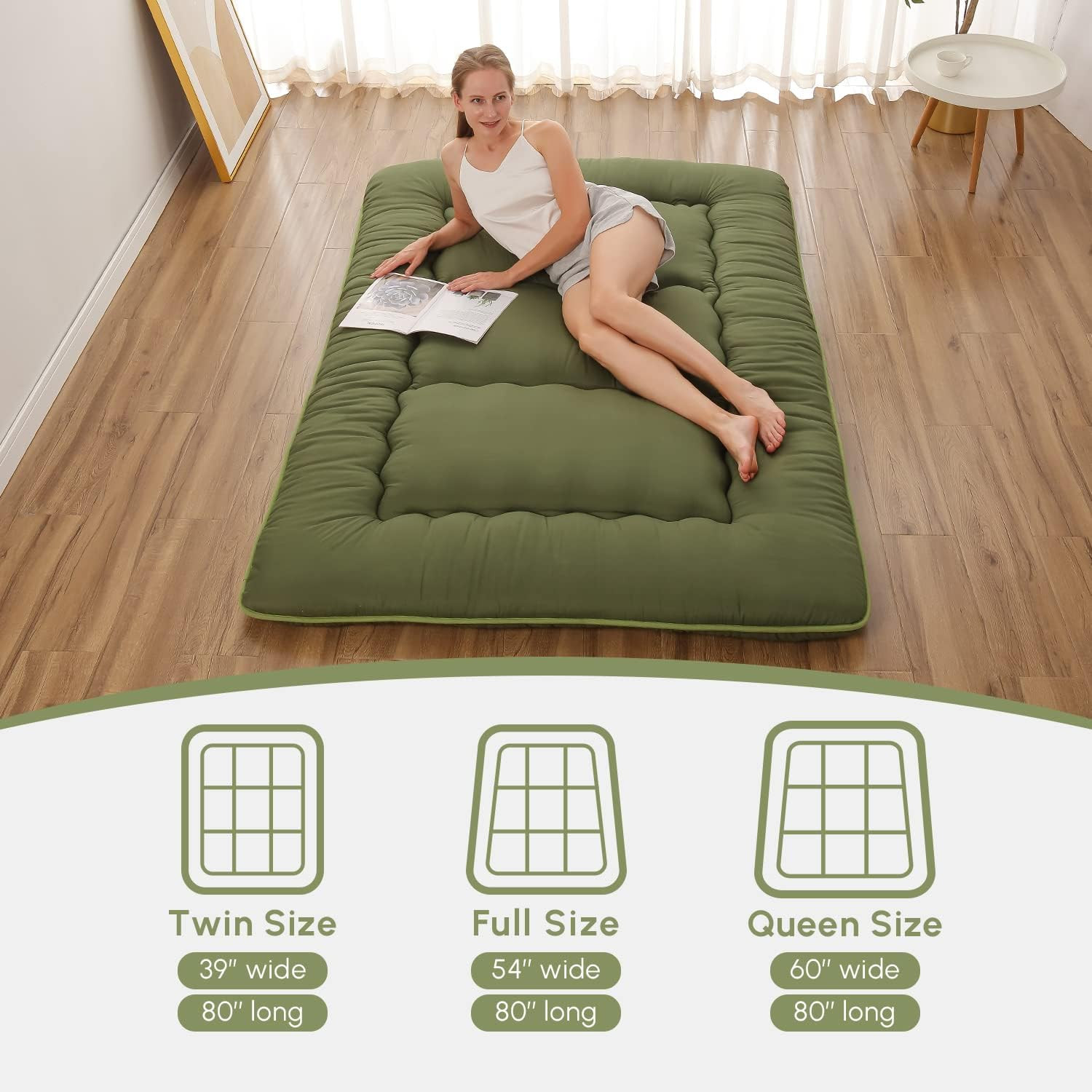 Japanese Floor Mattress, Futon Mattress with Portable Storage Bag and Washable C