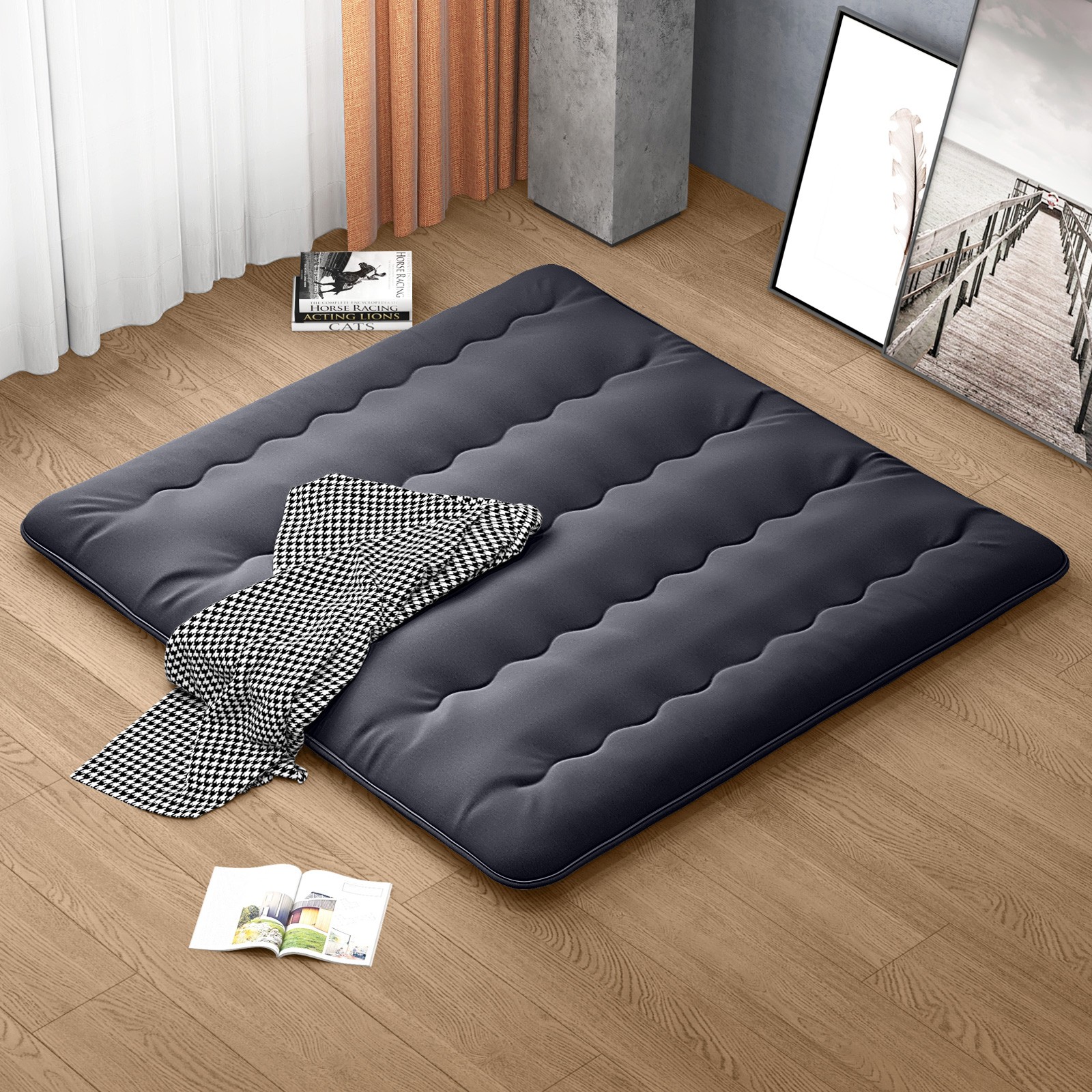 King Futon Mattress Japanese Floor Sleeping Pad Washable Cover Carry Bag Black
