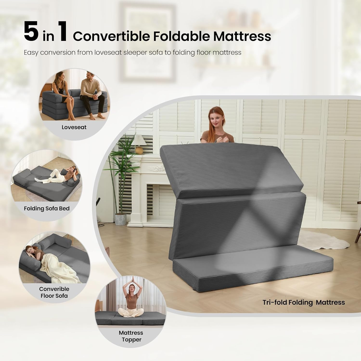 Tri-Fold Foldable Mattress, Convertible Folding Sofa Bed with Removable Arms & W