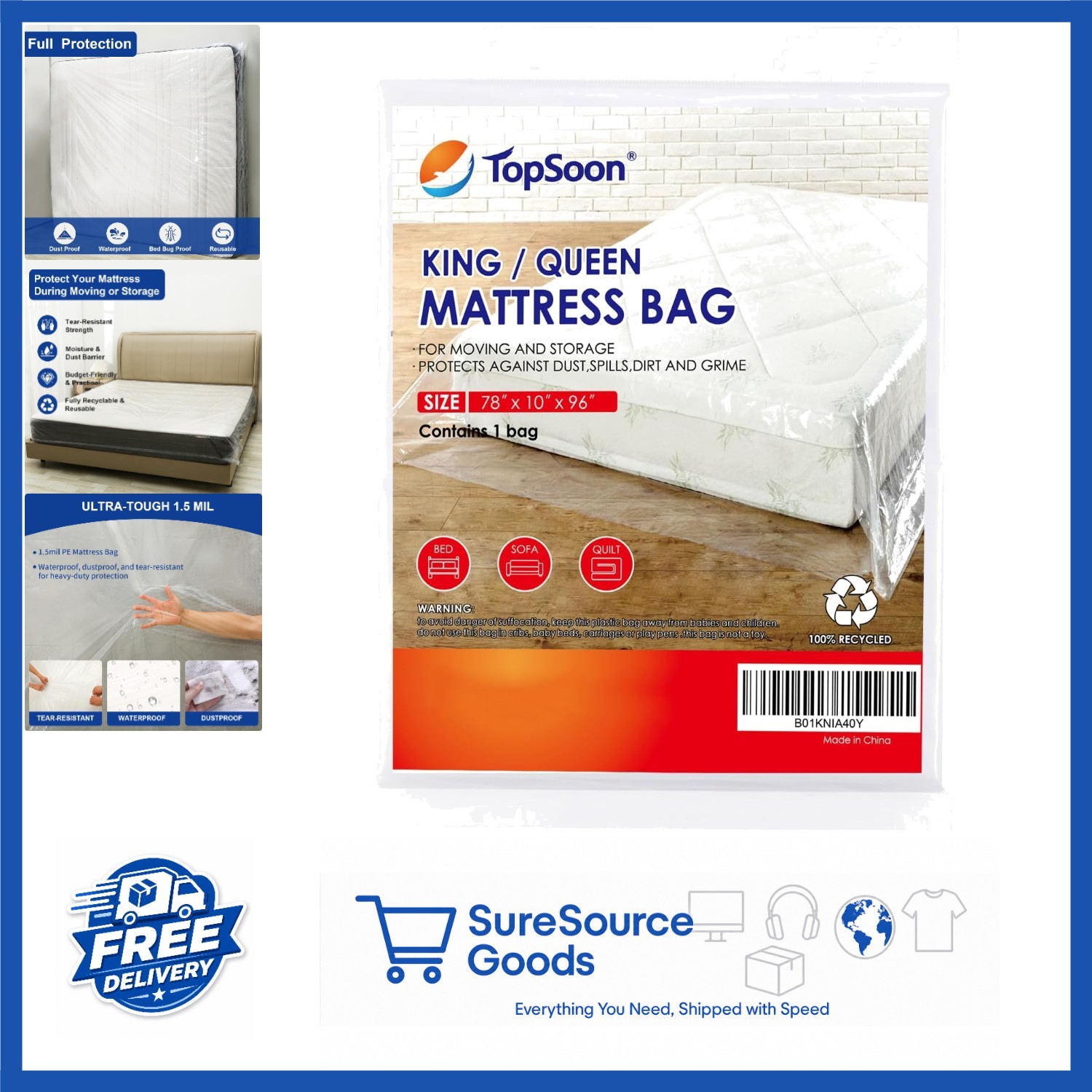 Clear Mattress Bag for King/Queen Size Storage and Disposal 1.5mil Thick
