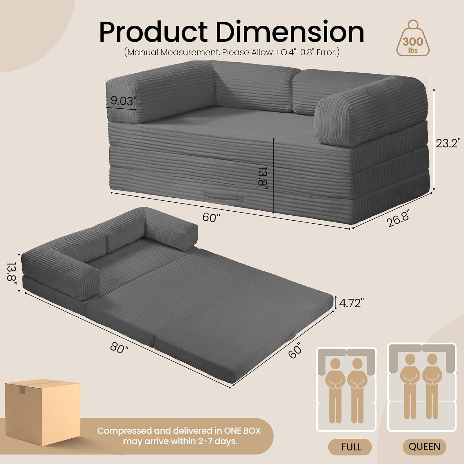 Tri-Fold Foldable Mattress, Convertible Folding Sofa Bed with Removable Arms & W