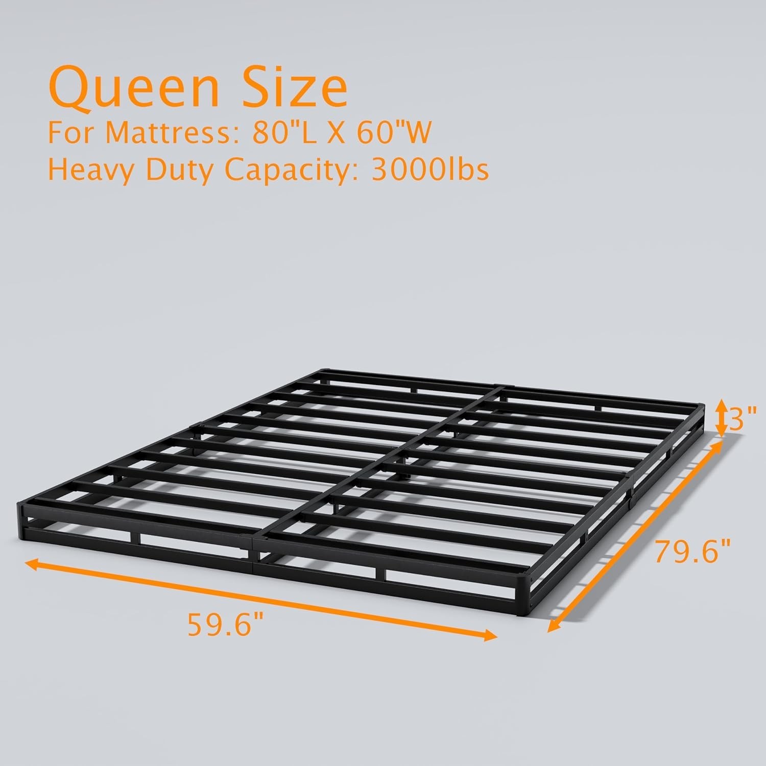 Queen Box Spring 3″ Low-Profile Heavy Duty Metal Base 3000lb Mattress Foundation