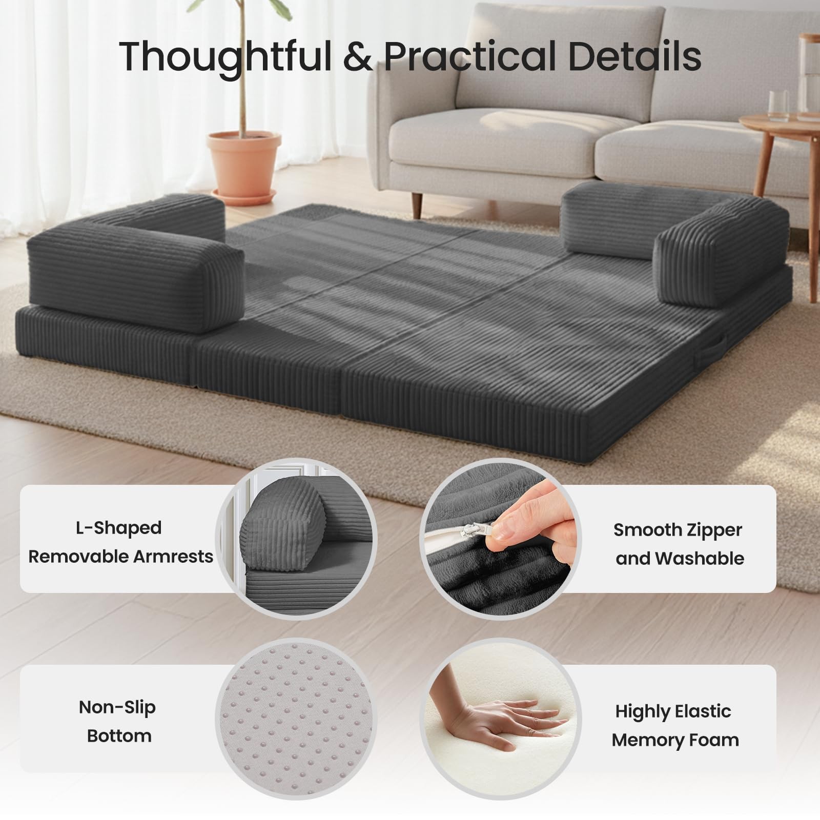 Tri-Fold Foldable Mattress, Convertible Folding Sofa Bed with Removable Arms …