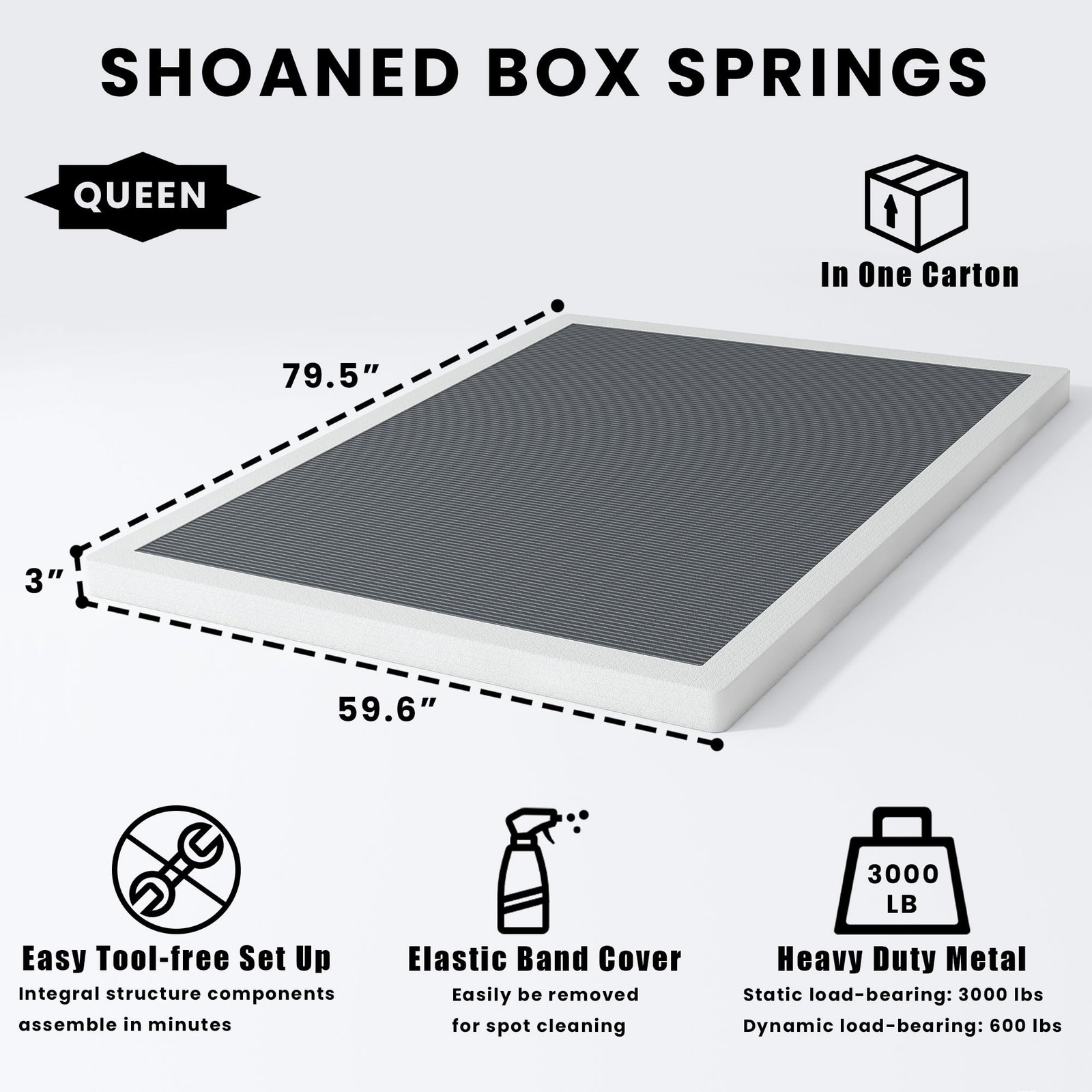 SHOANED Queen Size Box Springs – 3 Inch Low Profile Mattress Queen, 3