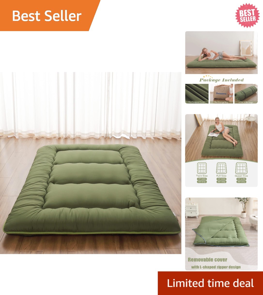 Zelladorra Portable Japanese Floor Mattress – Twin Size, Washable Cover, Green