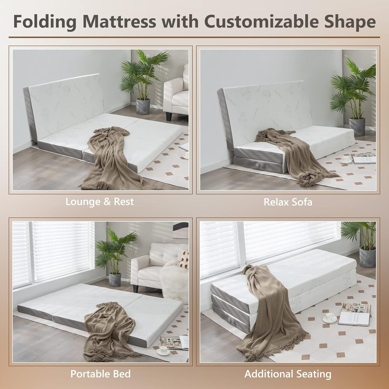Memory Foam Tri-Fold Mattress, 4” Foldable Floor Mattress with Storage Bag, Remo