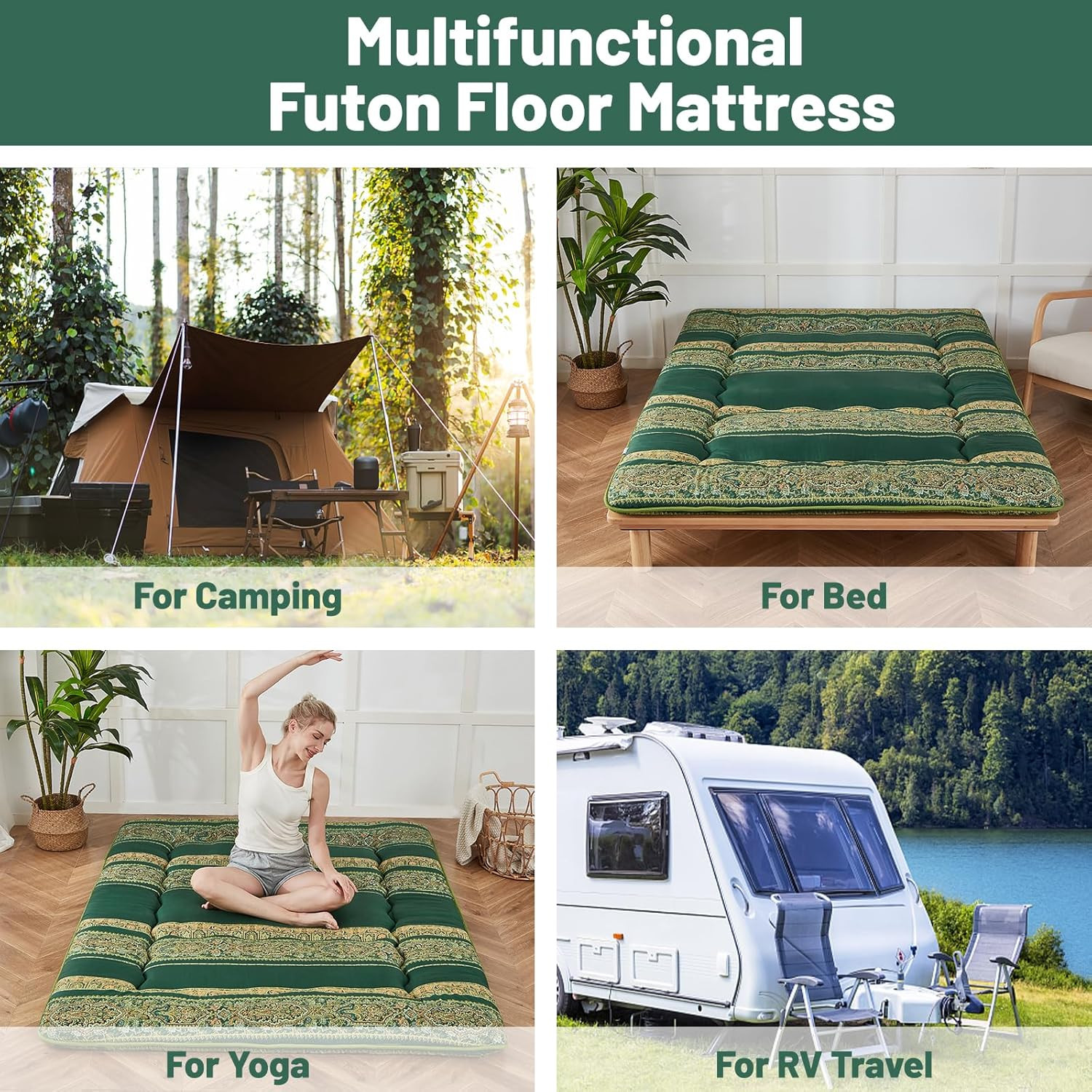 Bohemian Green Japanese Floor Mattress with Washable Cover & Storage Bag, Twin