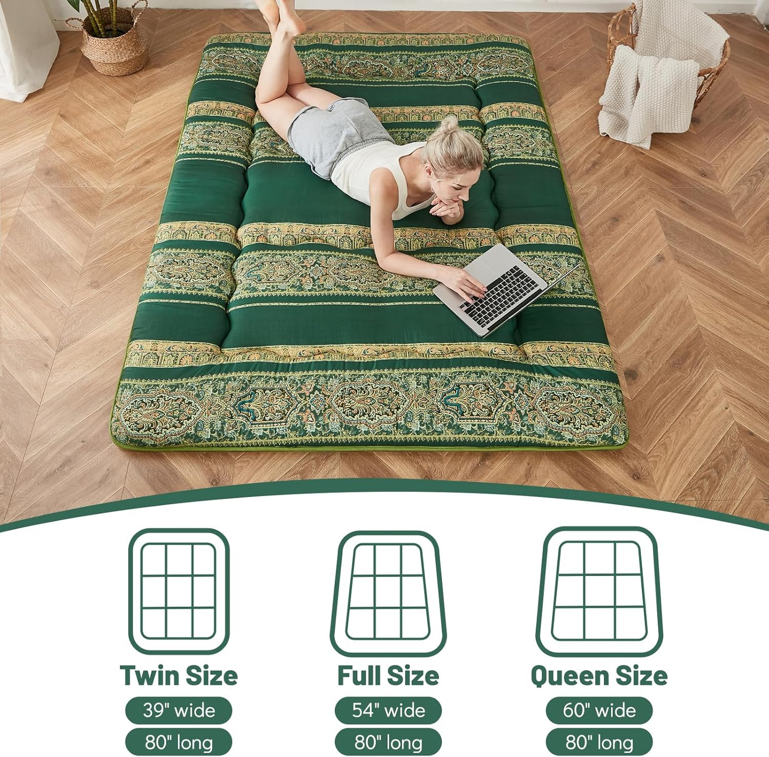 Bohemian Green Japanese Floor Mattress with Washable Cover & Storage Bag, Twin