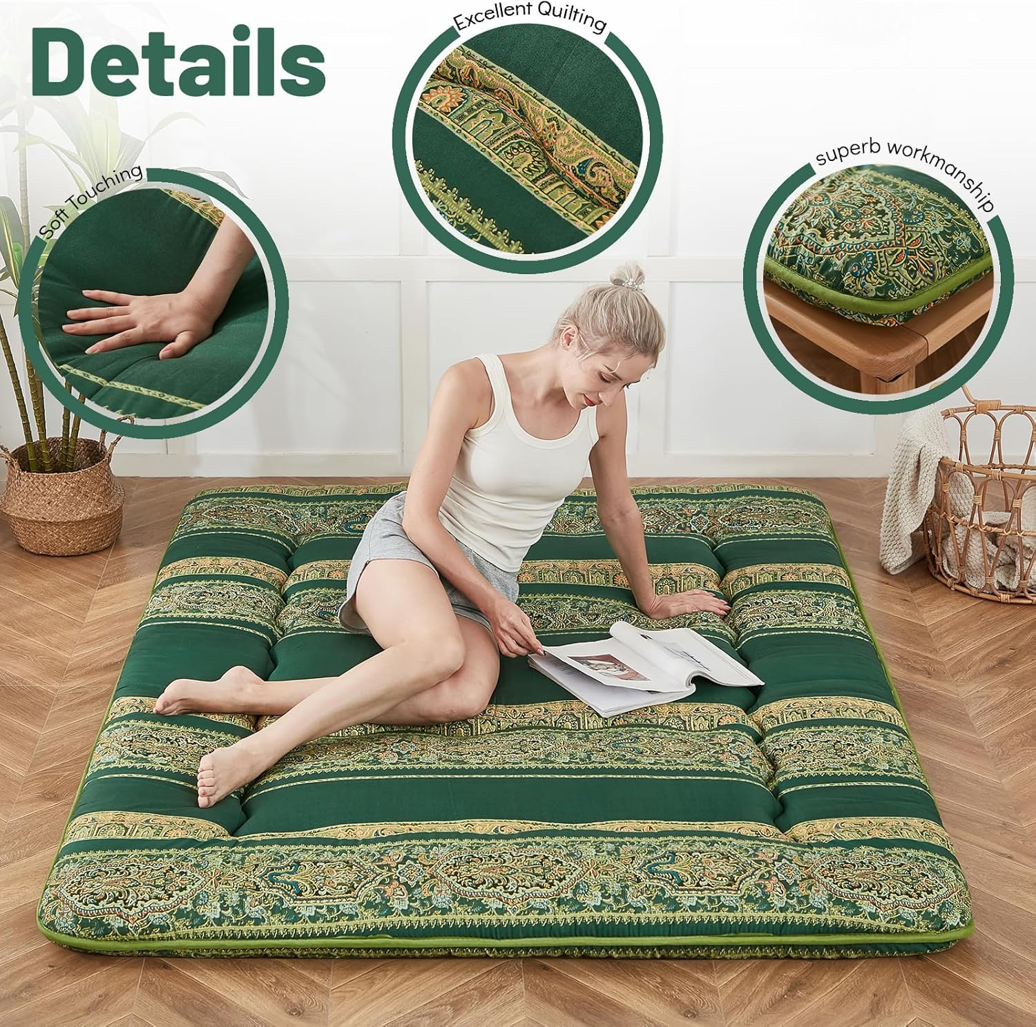 Bohemian Green Japanese Floor Mattress with Washable Cover & Storage Bag, Twin