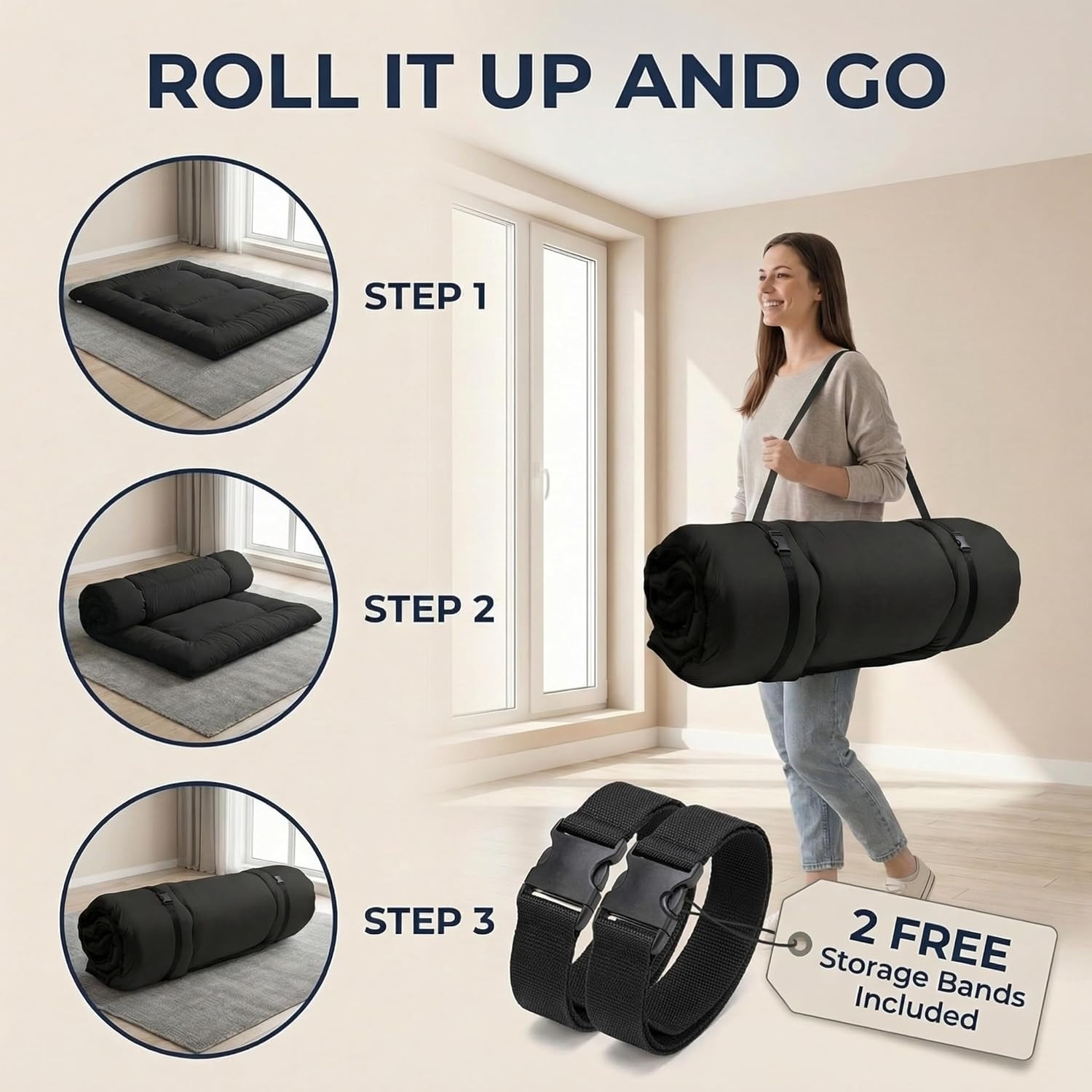 Japanese Floor Mattress Futon Mattress, 3.5 Inch Thick Foldable Roll up Tatami M