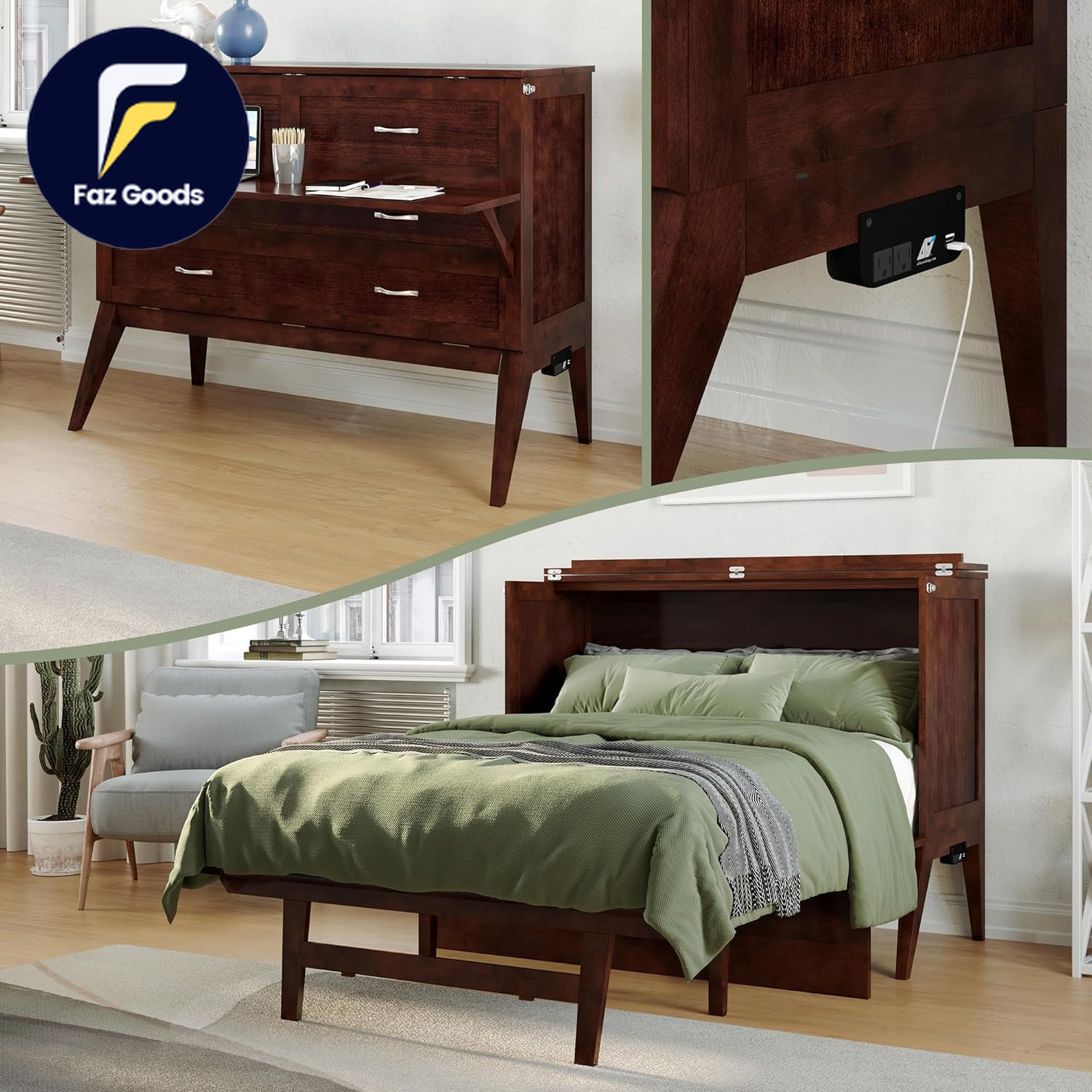 Northampton Full Size Murphy Bed Desk with Memory Foam 6″ Mattress and Built-In