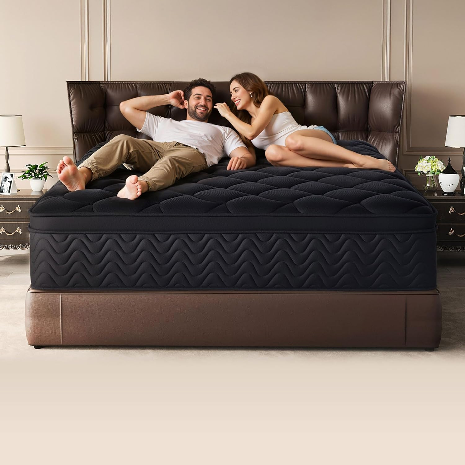 12”Queen Size Mattress-Black Diamond Quilted, Individual Pocket Spring&Memory Fo