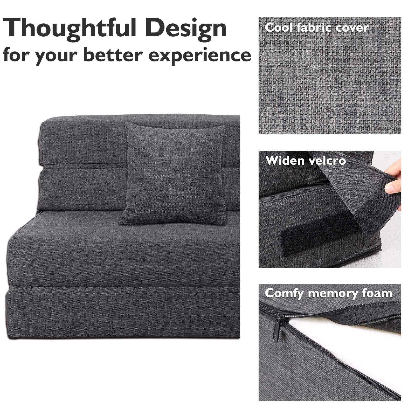 ANONER 60″ Fold Sofa Bed Couch Memory Foam with 2 Pillows Queen, Dark Grey