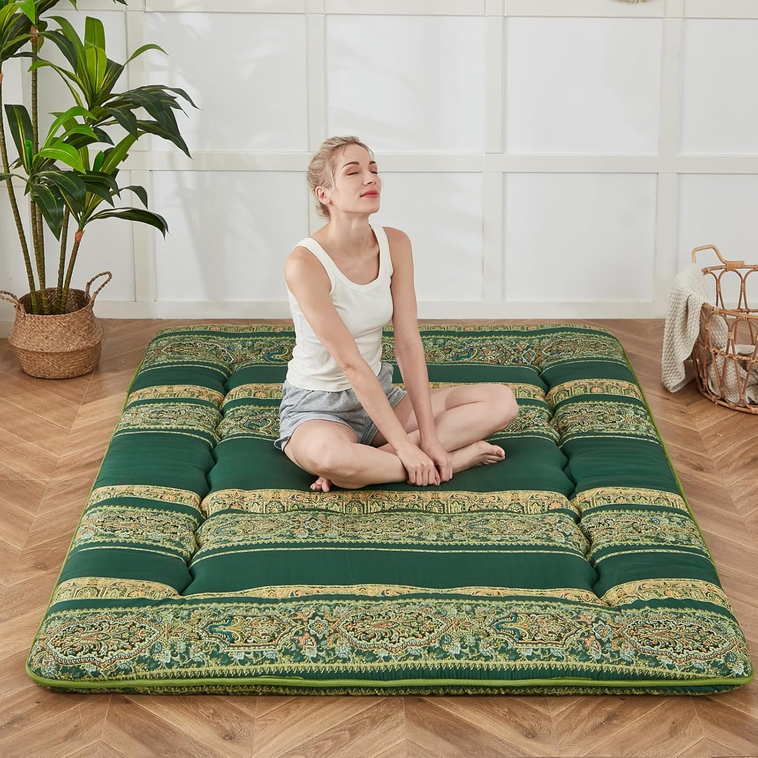 Bohemian Green Japanese Floor Mattress with Washable Cover & Storage Bag, Twin