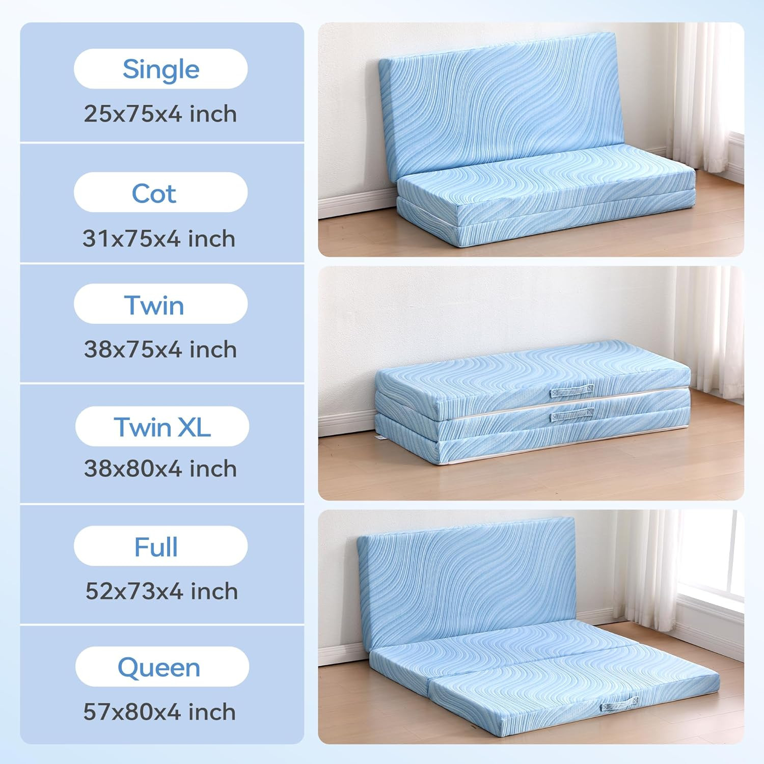 Foldable Trifold Tri Fold Portable Folding Mattress – 4 Inch Memory Foam & High