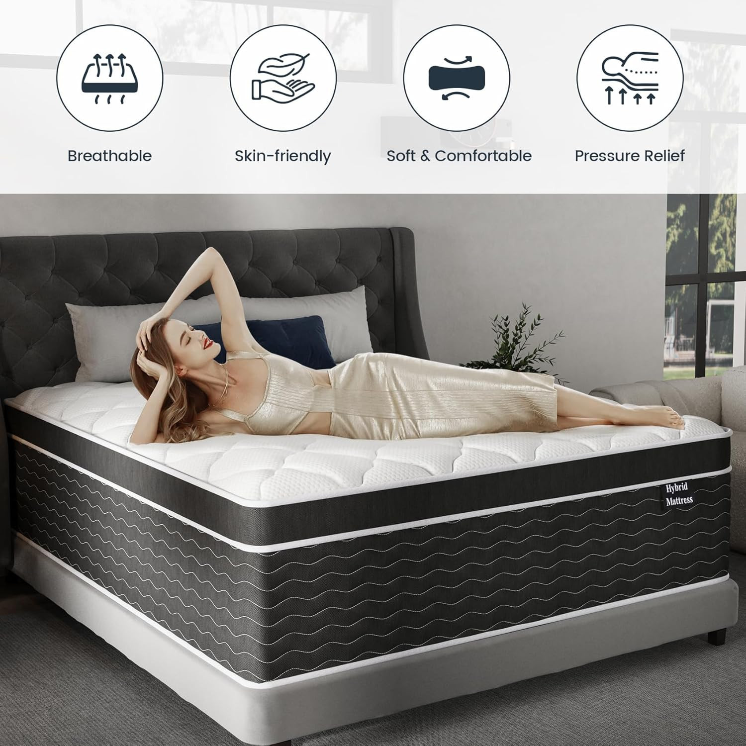 Queen Mattress, 14 Inch Hybrid Mattress Queen Size in a Box, Extra Edge Support,