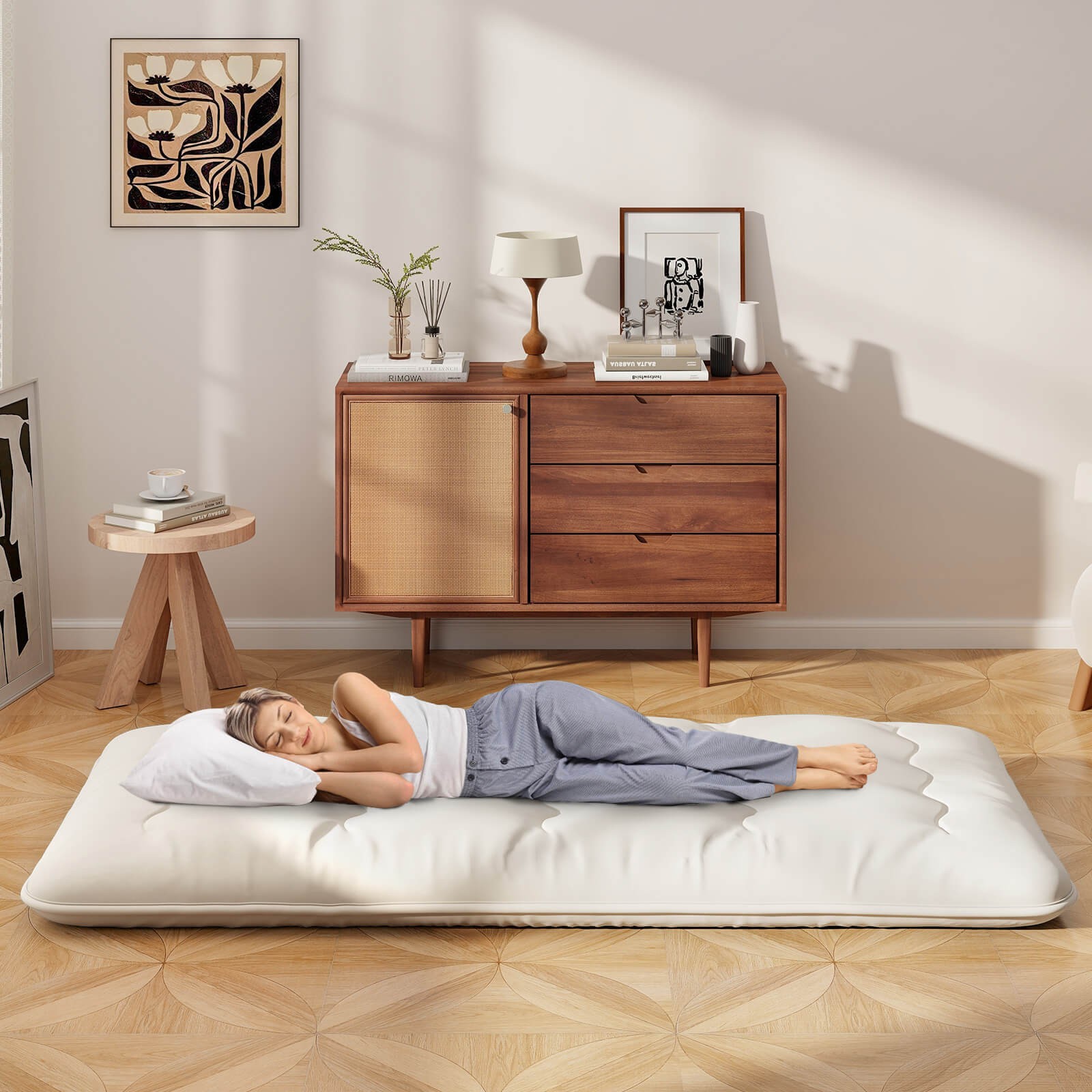 Twin Futon Mattress Japanese Sleeping Pad Lounge Bed w/ Washable Cover Beige