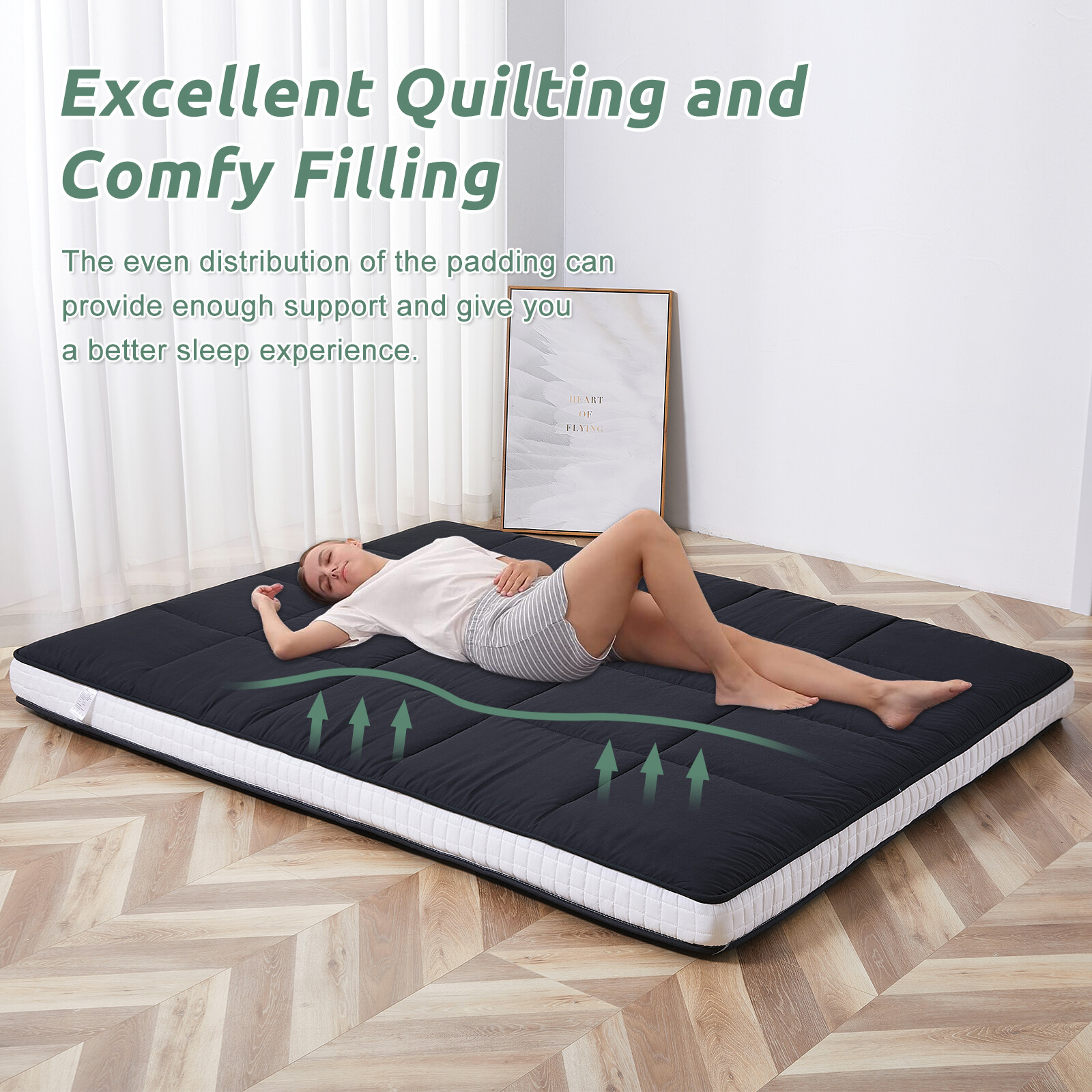 MOPHOTO Japanese Floor Mattress Wave Quilting Shiki Futon Twin Size Black Mat