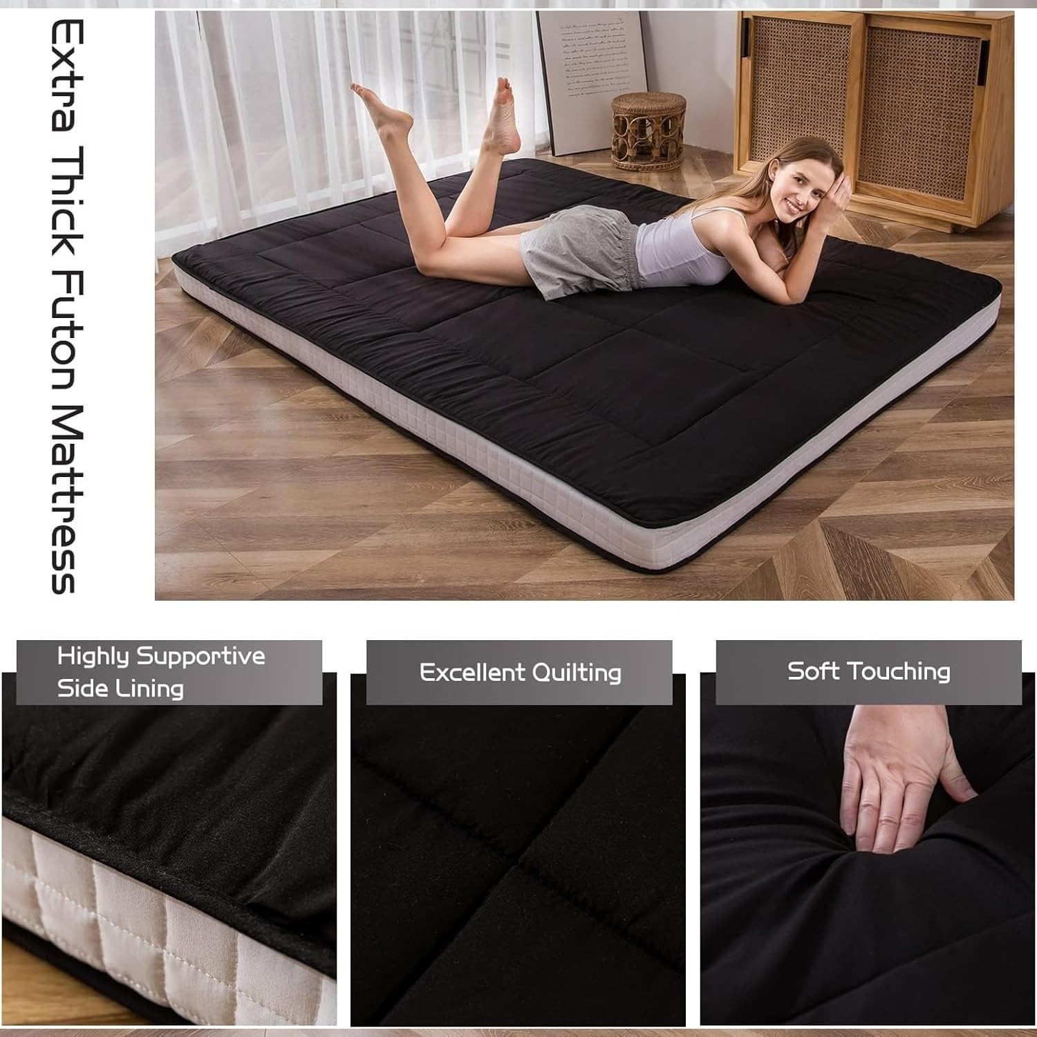 Extra Thick Japanese Floor Mattress, Quilted Folding Sleeping Pad, Breathable Lo