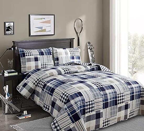 Patchwork Bedding Plaid Quilts Set Size, 3Pcs Buffalo Full/Queen Navy Blue