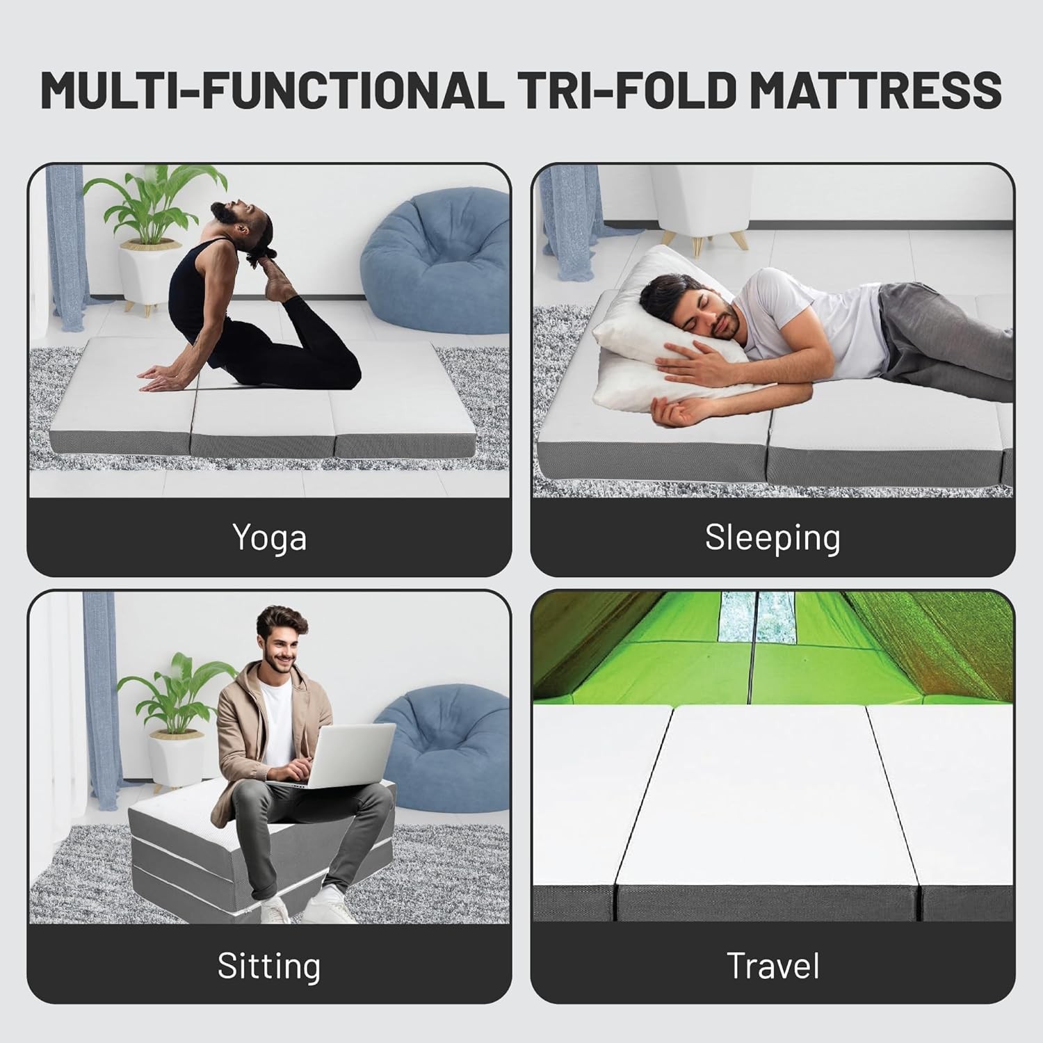 4-Inch Tri-Folding Gel Memory Foam Portable Floor Mattress Breathable Mesh Ultra