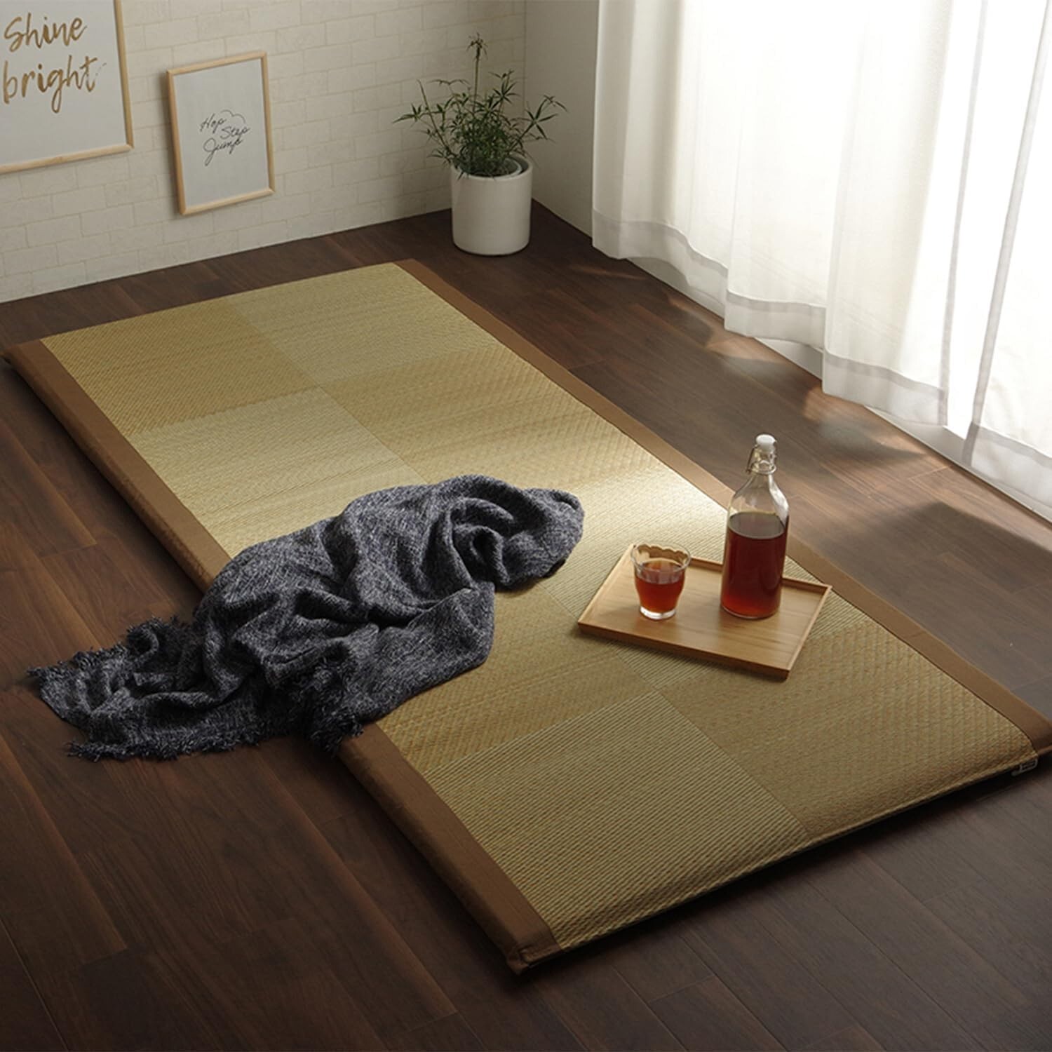IKEHIKO Tatami Mattress 90 x 200cm rush grass Twin Foldable Bed Futon Brown