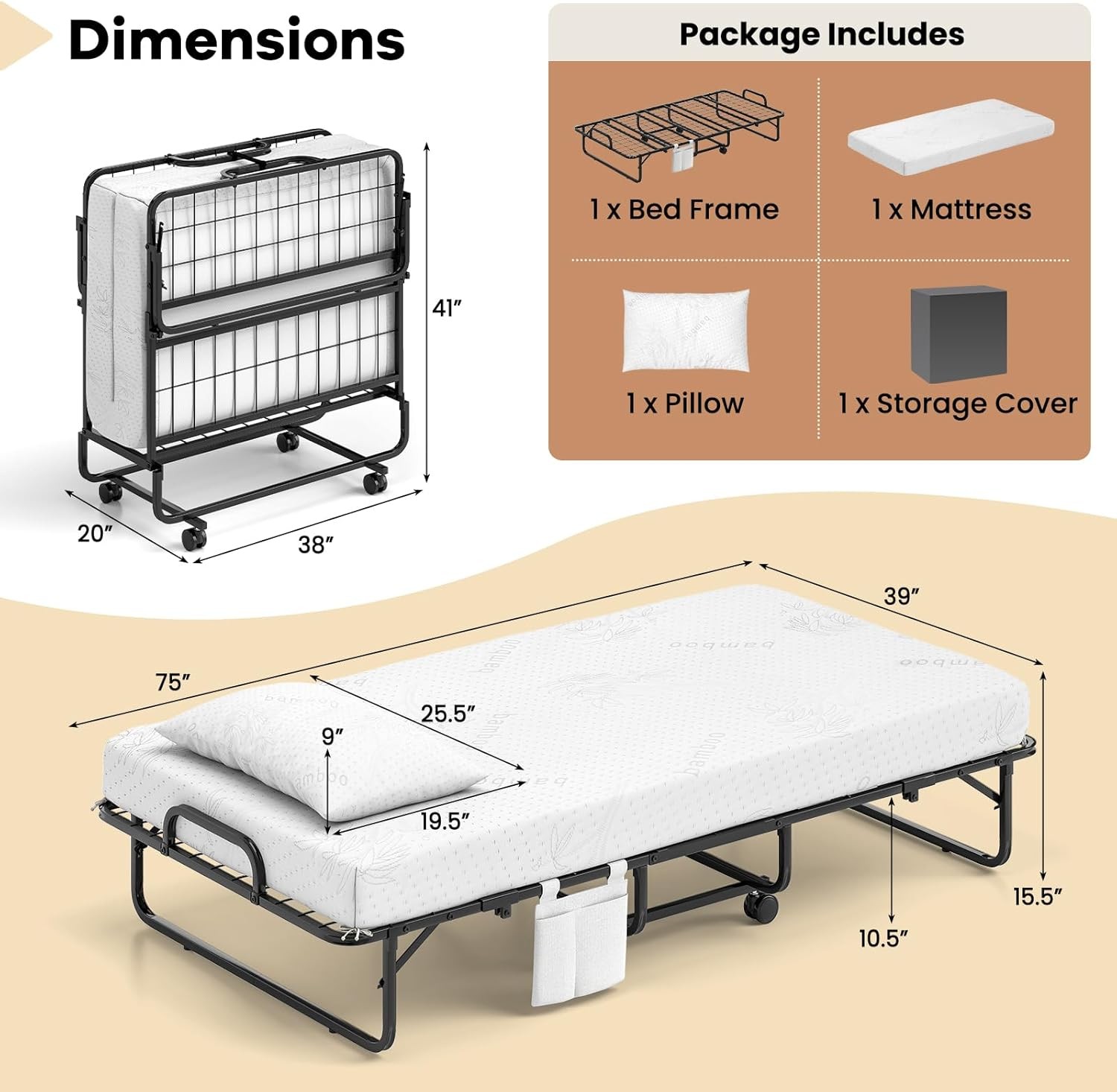 Twin Folding Bed with 5 Inch Mattr, Rollaway Guest Bed with