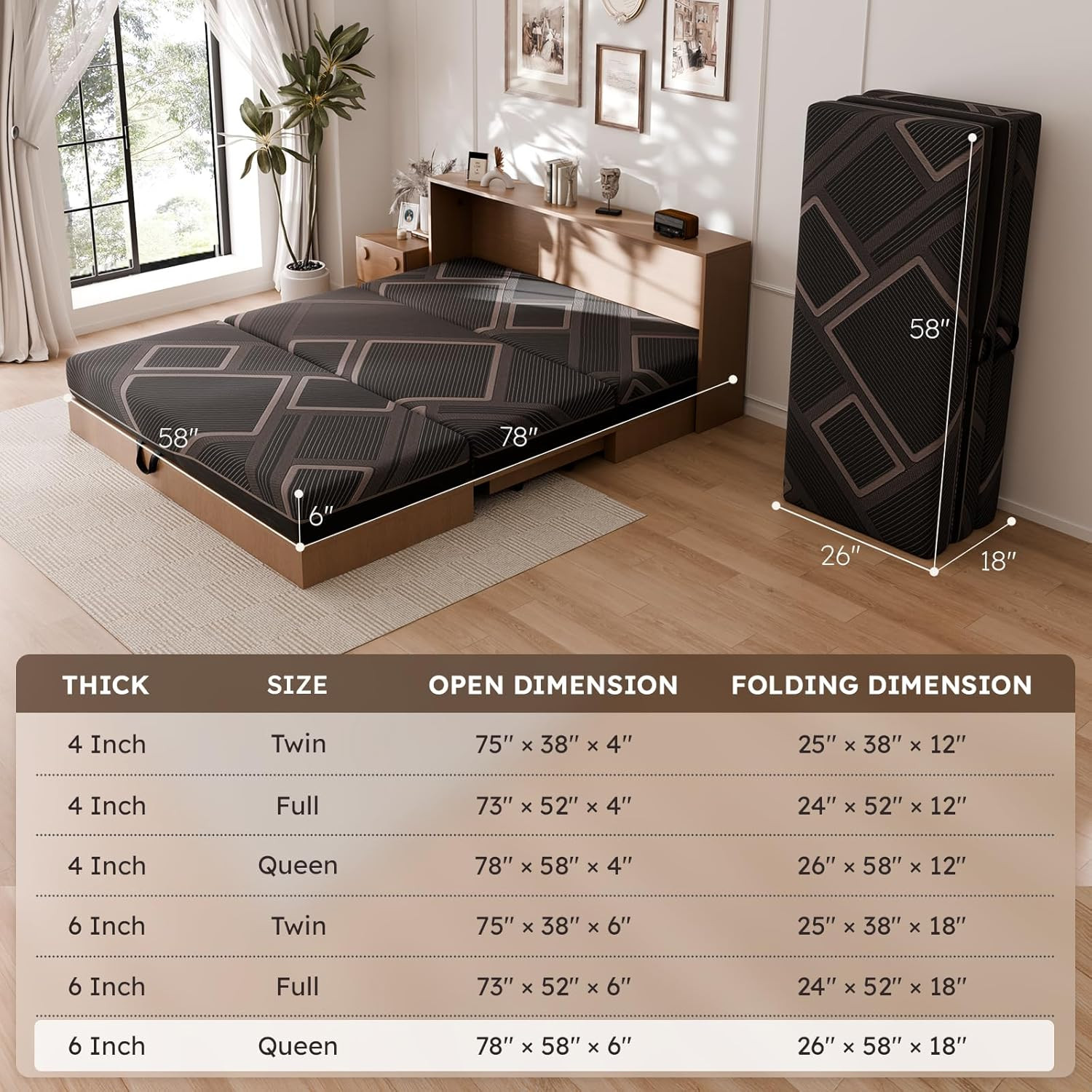 Trifold Mattress Queen Size – 6 Inch Foldable Memory Foam Mattress 8″ X 58″ X 6″