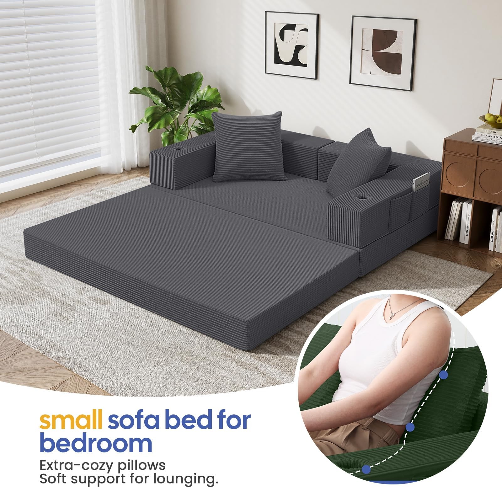 COMAX Futon Sofa Bed, 4‑in‑1 Convertible L-Shaped Loveseat, Grey