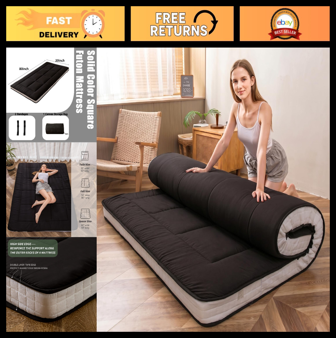 Extra Thick Japanese Floor Mattress, Quilted Folding Sleeping Pad, Breathable Lo