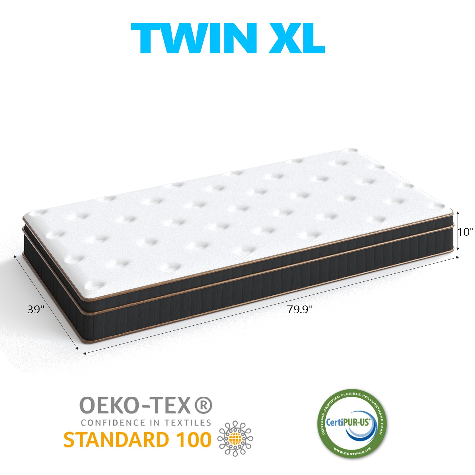 10 Inch Twin XL Mattress, Innerspring Mattress with Black Gold Trim &White Cover
