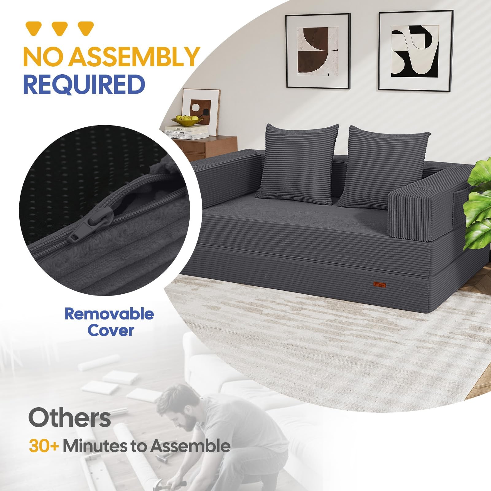 COMAX Futon Sofa Bed, 4‑in‑1 Convertible L-Shaped Loveseat, Grey