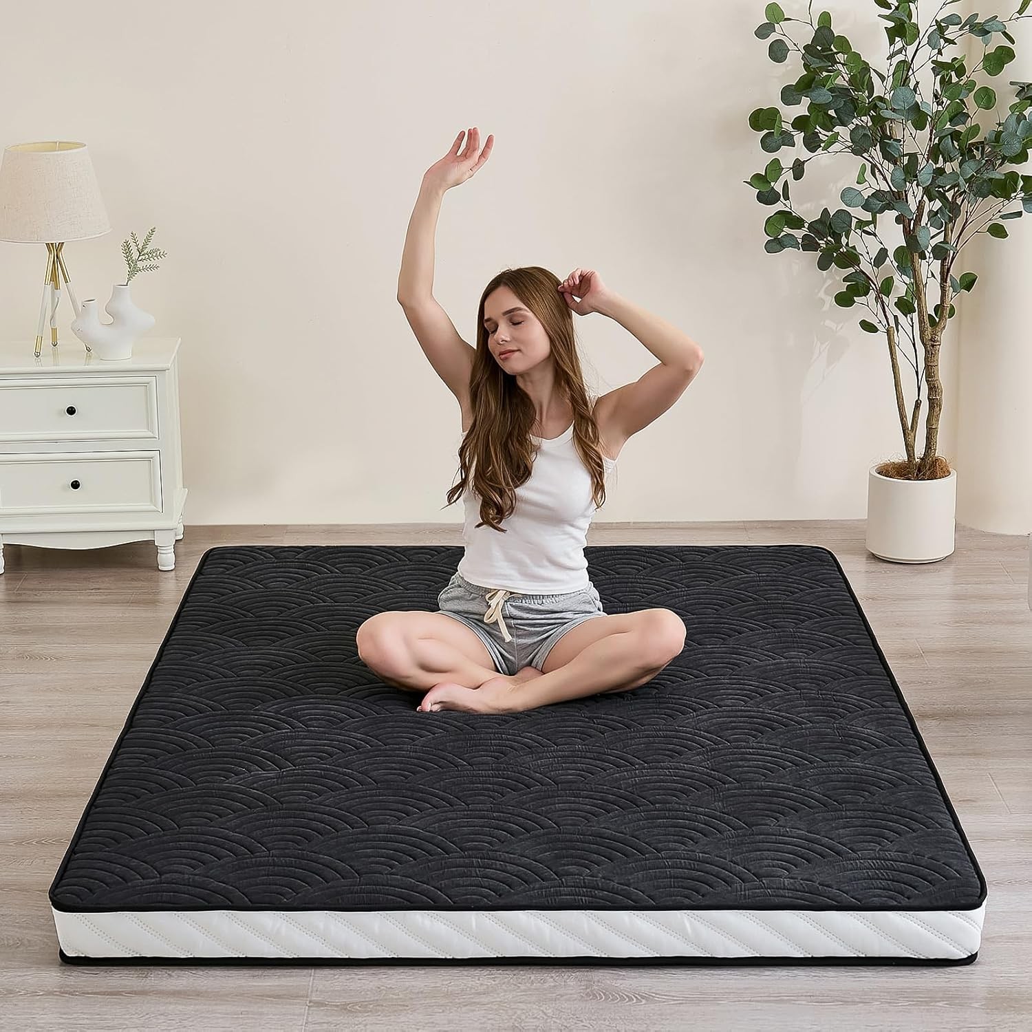 Japanese Floor Mattress Quilted Futon Mattress W/ Anti-Slip Bottom Foldable