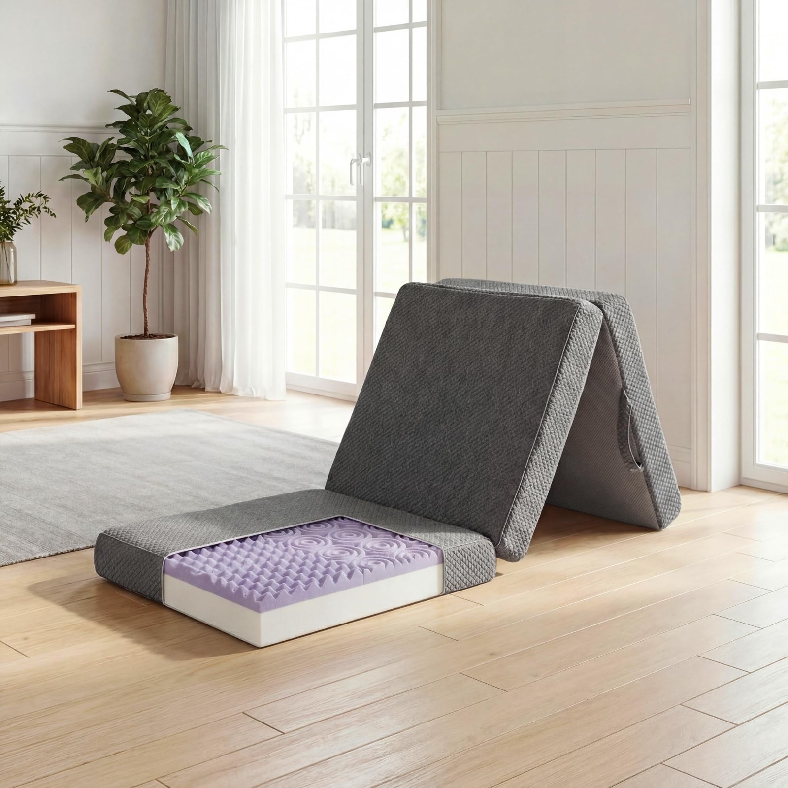 Tri-Fold Memory Foam Mattress 4″ Portable Floor Bed, Washable Cover for Camping,
