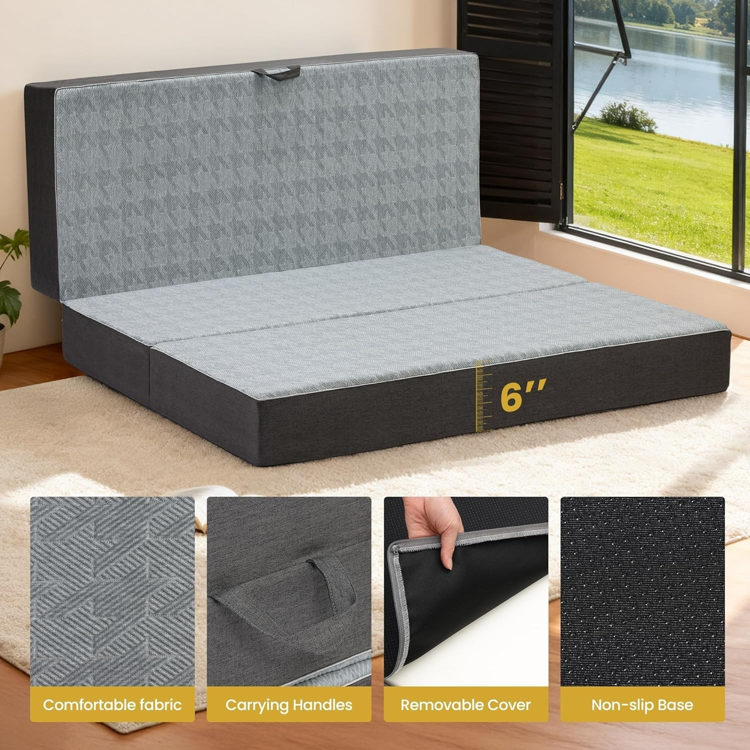 Tri Folding Mattress Queen Size – 6 Inch Dual-Layer Memory Foam Foldable Mattres