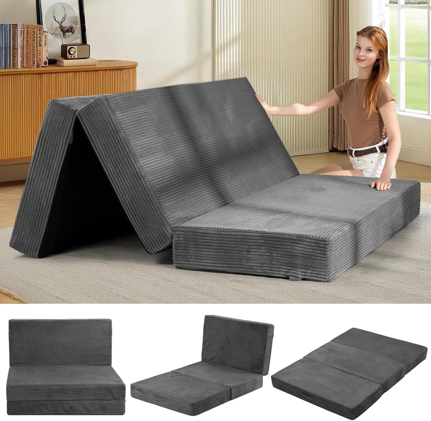 6-Inch Tri-Folding Mattress Queen Size – Foldable Futon Sofa Bed with Removable