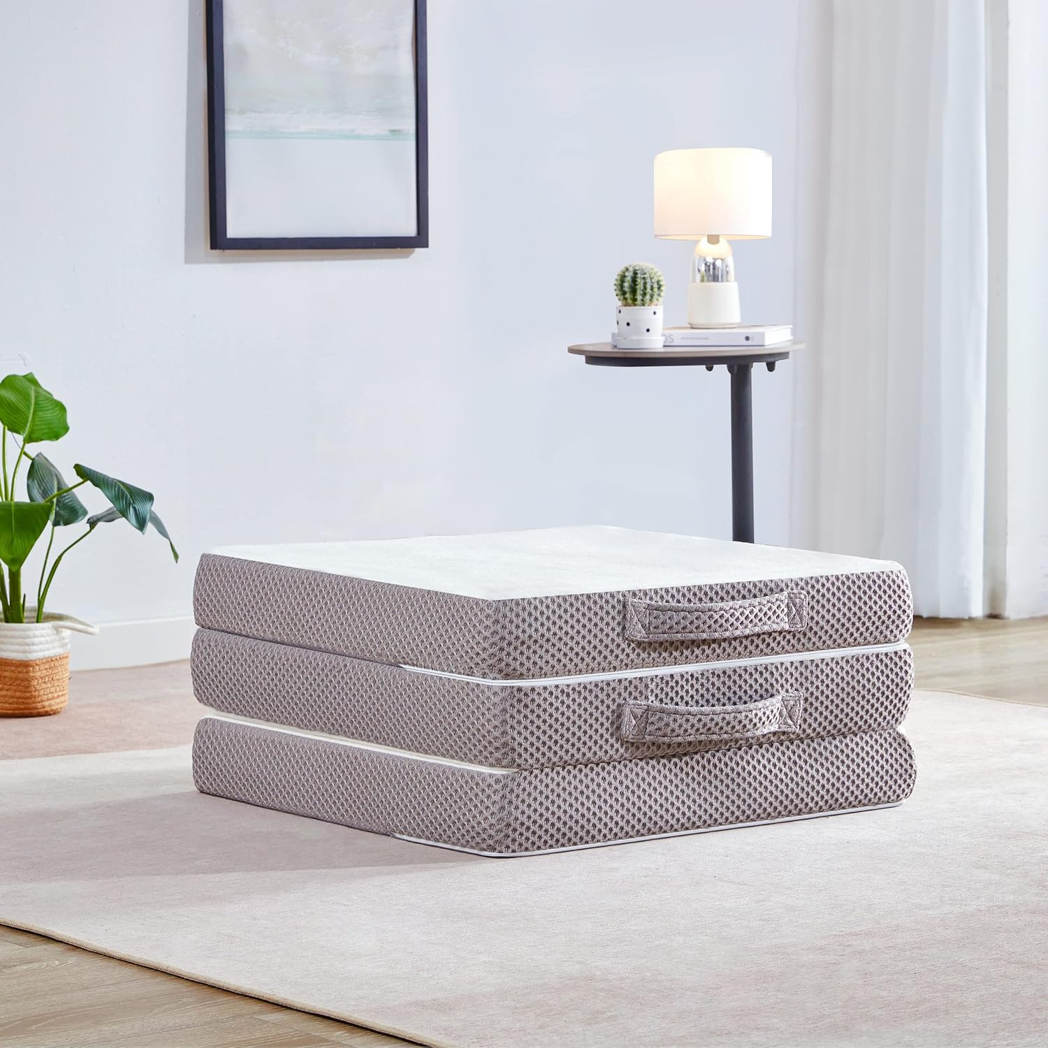 Foldable Mat 3.8 Inch Folding Topper Tri-Fold Gel Memory Foam Breathable with St