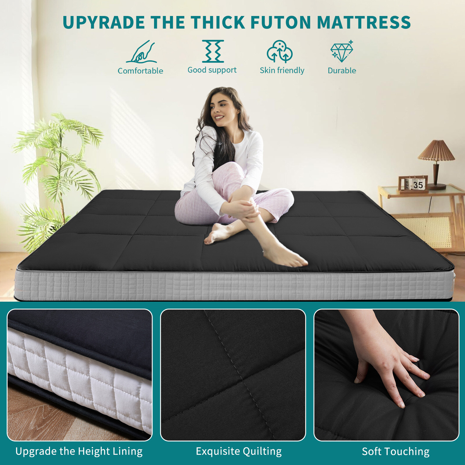 Docred Japanese Floor Mattress 4 inch Extra Thick Futon Mat Twin/Full/Queen size