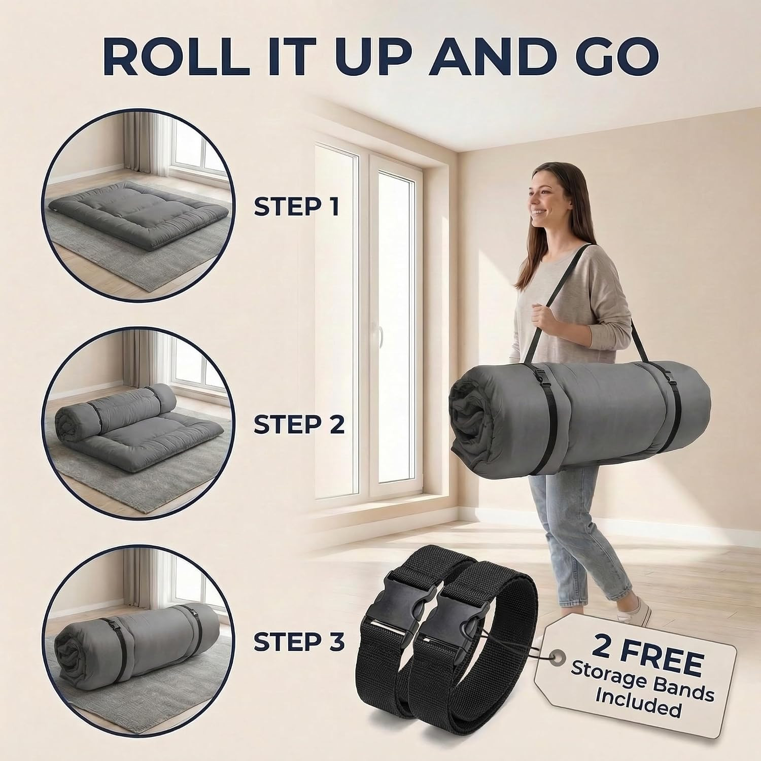 Japanese Floor Mattress Futon Mattress, 3.5 Inch Thick Foldable Roll up Tatami M