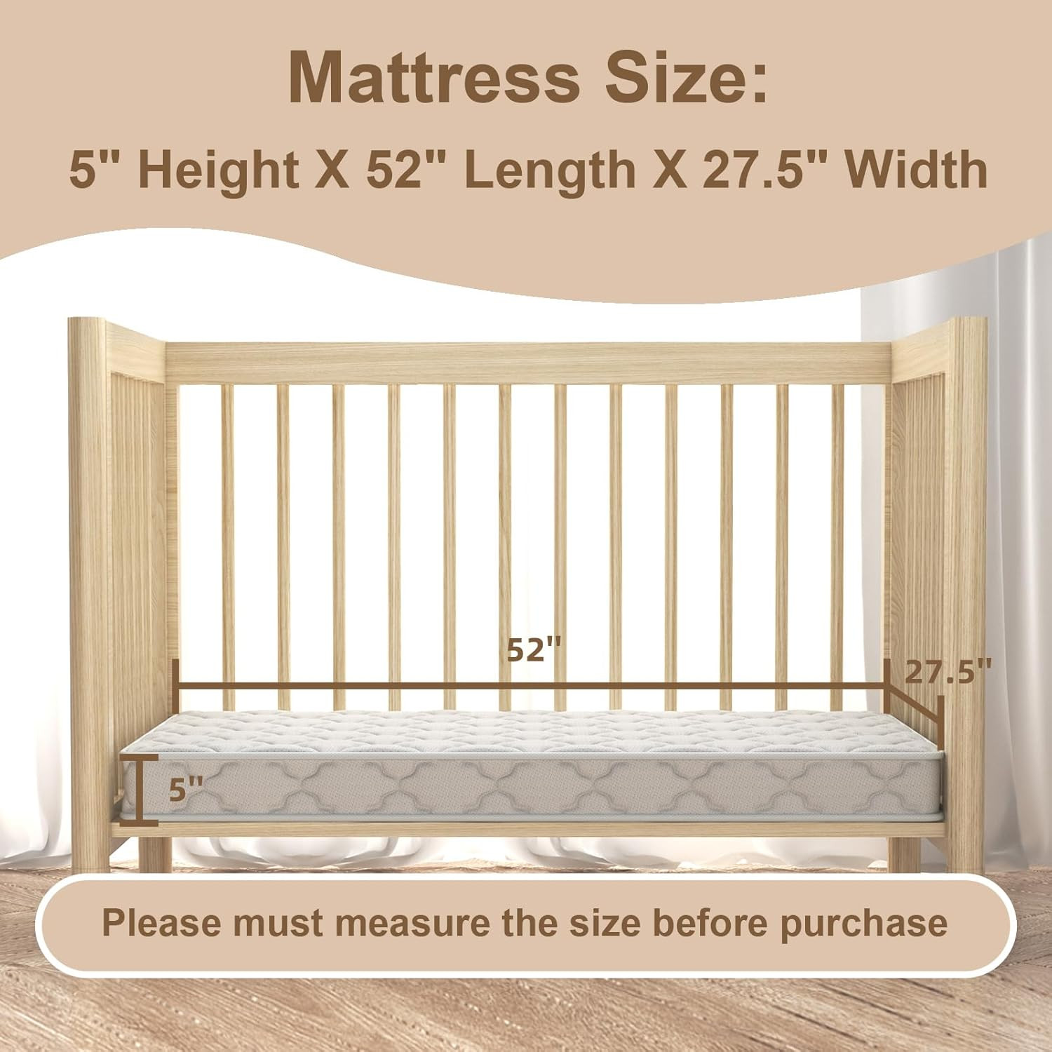 5X52X27.5 Mattress, Medium Firm with High Density Foam, Edge Reinforced, Odorles