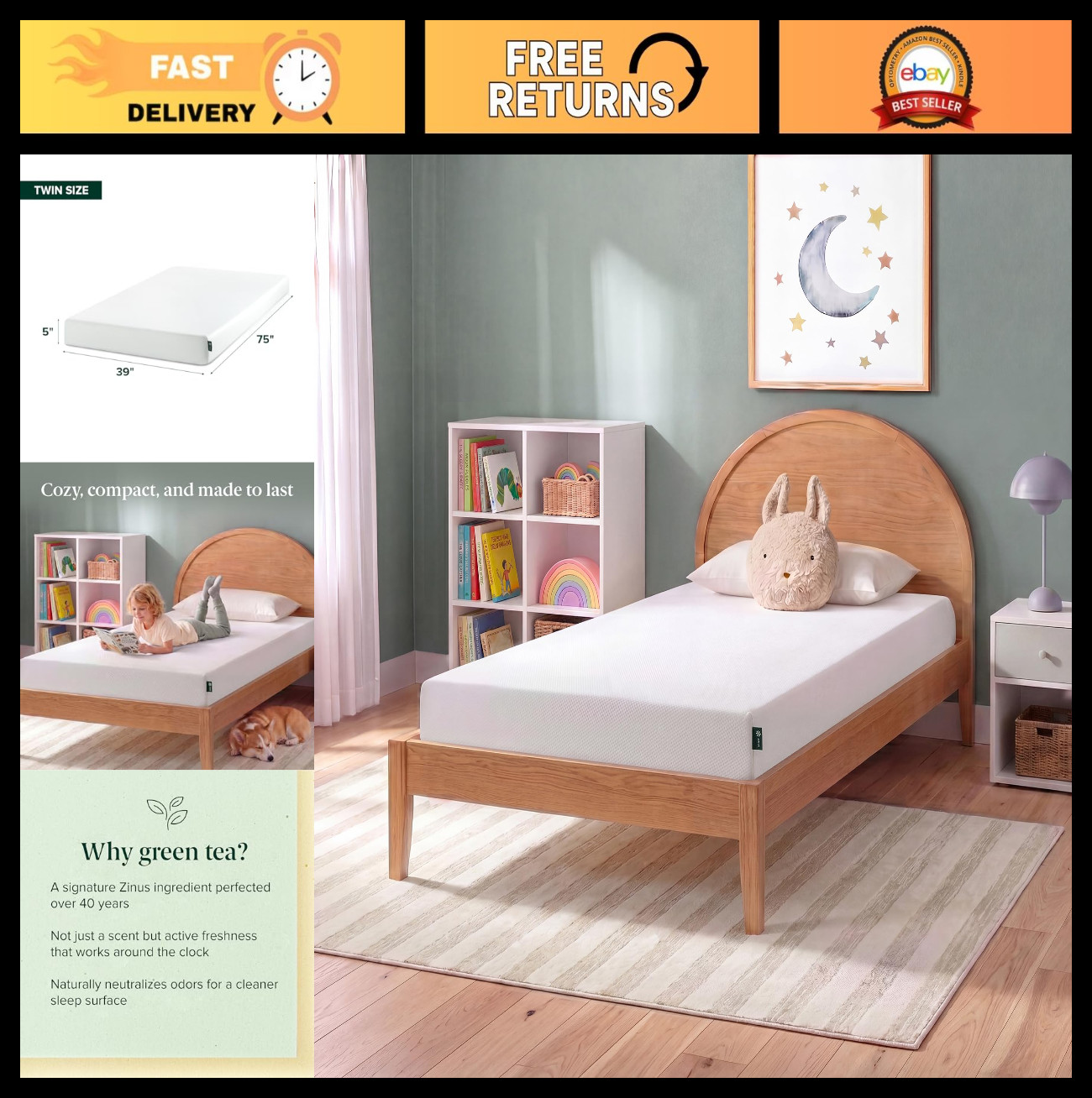 5″ Twin Green Tea Memory Foam Mattress – Fiberglass Free, Medium Firm, Zoned Rel