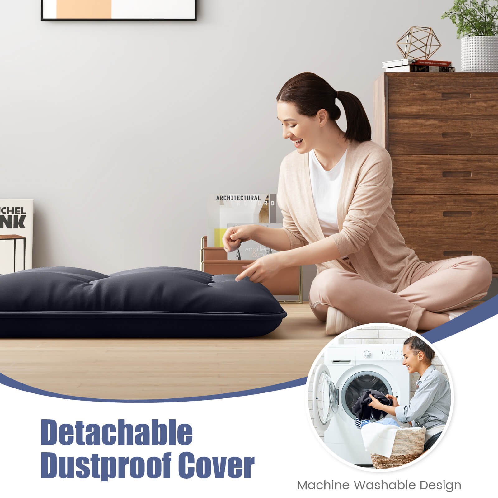Twin Futon Mattress Washable Cover Carry Bag Japanese Floor Sleeping Pad Black