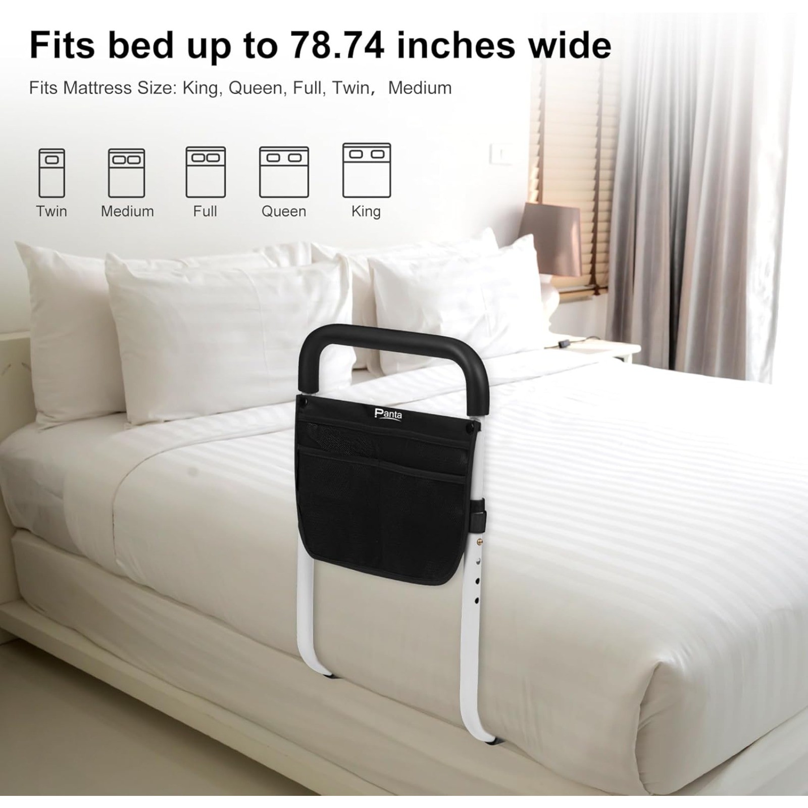 Adjustable Bed Assist Rails Bed Side Safety Handle for Seniors W/ Storage Pouch