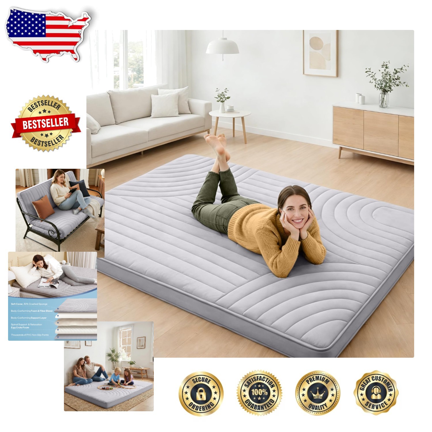 Portable Full Japanese Floor Bed, 5-Layer Plush, Removable Washable Cover