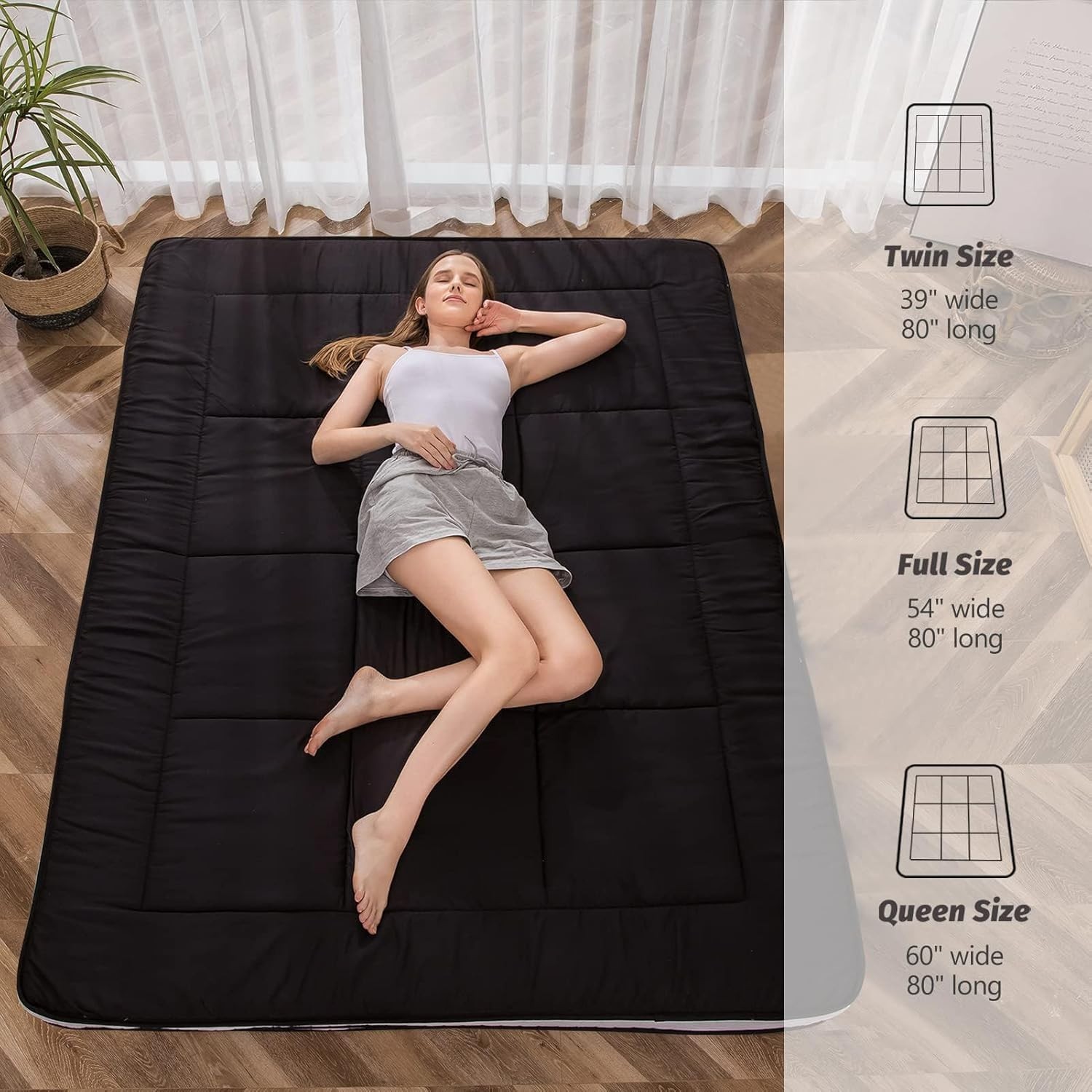 Full Size Japanese Futon Mattress Thick Folding Floor Sleeping Pad Black